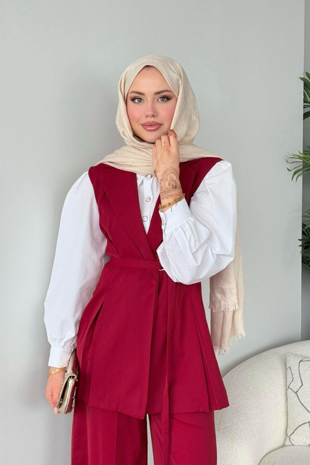 Ruha Yelekli Takım Bordo, Fiyatları Ruha Yelekli Takım Bordo- Haza Moda 