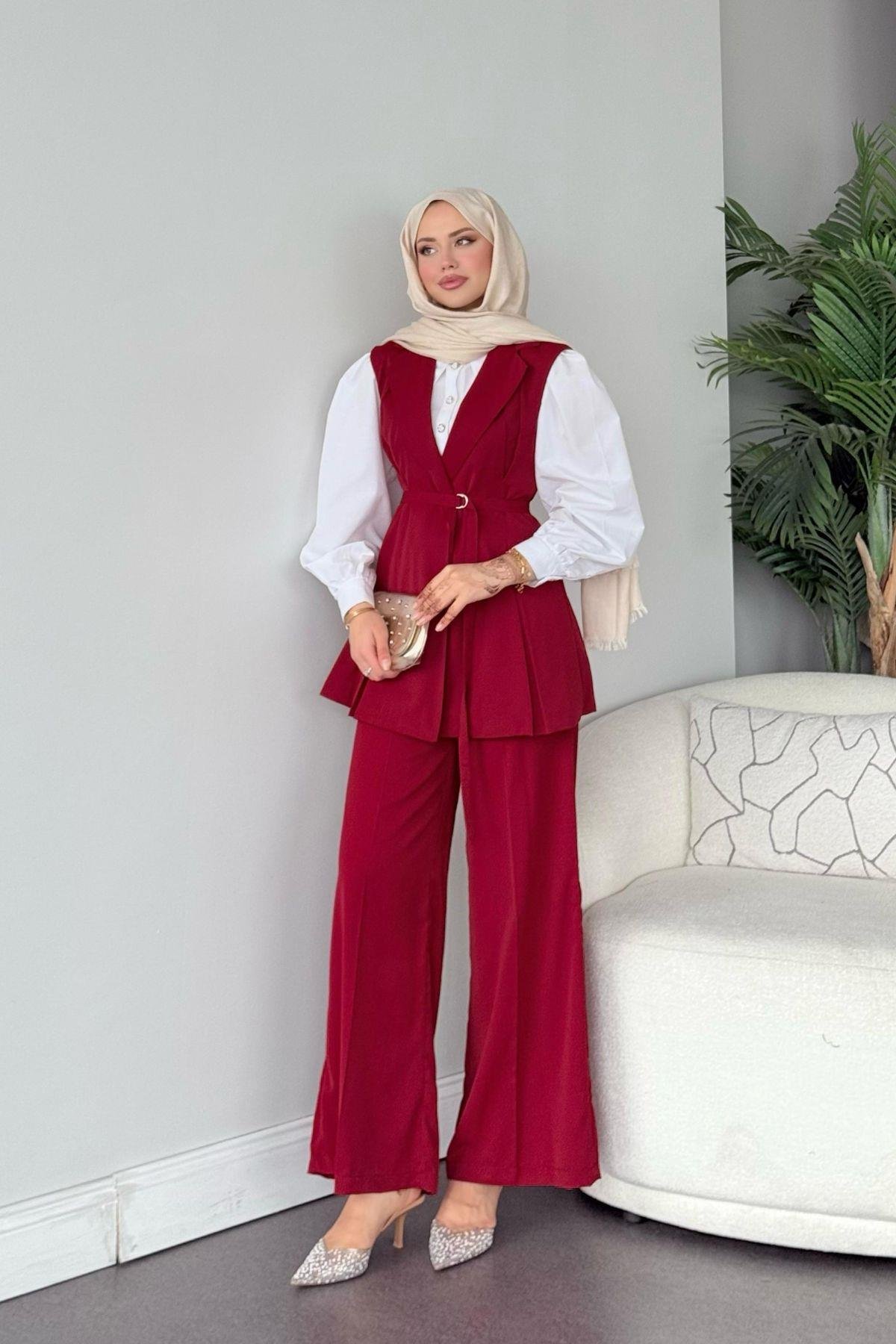 Ruha Yelekli Takım Bordo, Fiyatları Ruha Yelekli Takım Bordo- Haza Moda 