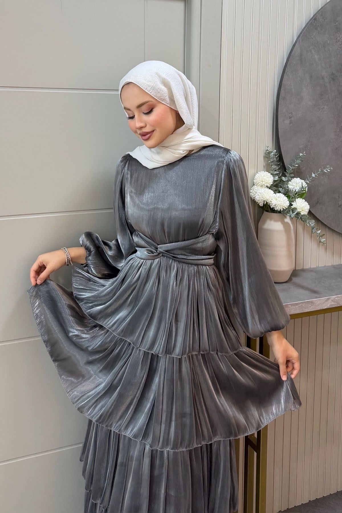 Rumela Kat Kat Saten Elbise Füme, Fiyatları Rumela Kat Kat Saten Elbise Füme| Haza Moda