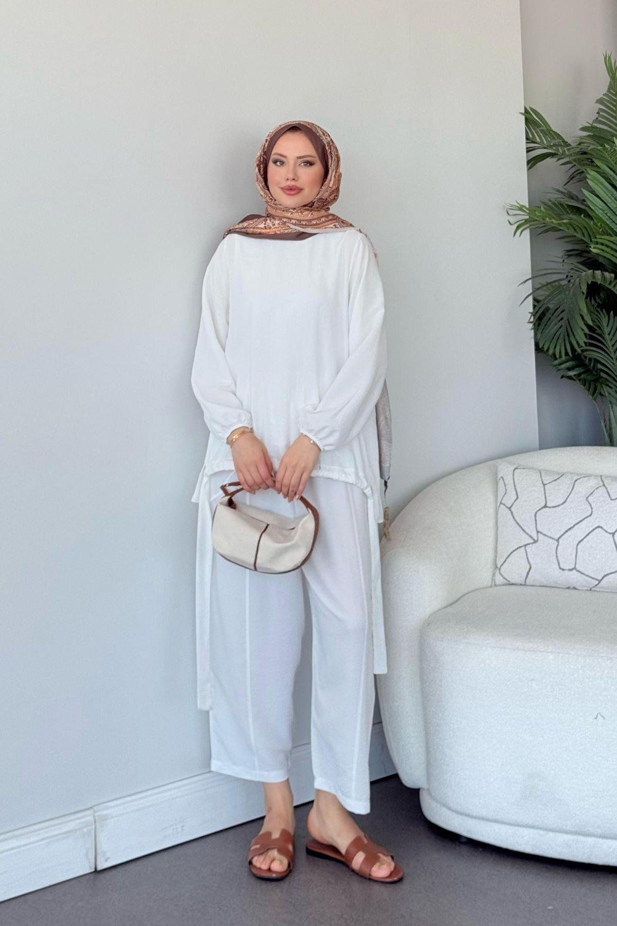 Şalvar Takım Beyaz, Fiyatları Şalvar Airobin Takım Beyaz- Haza Moda 