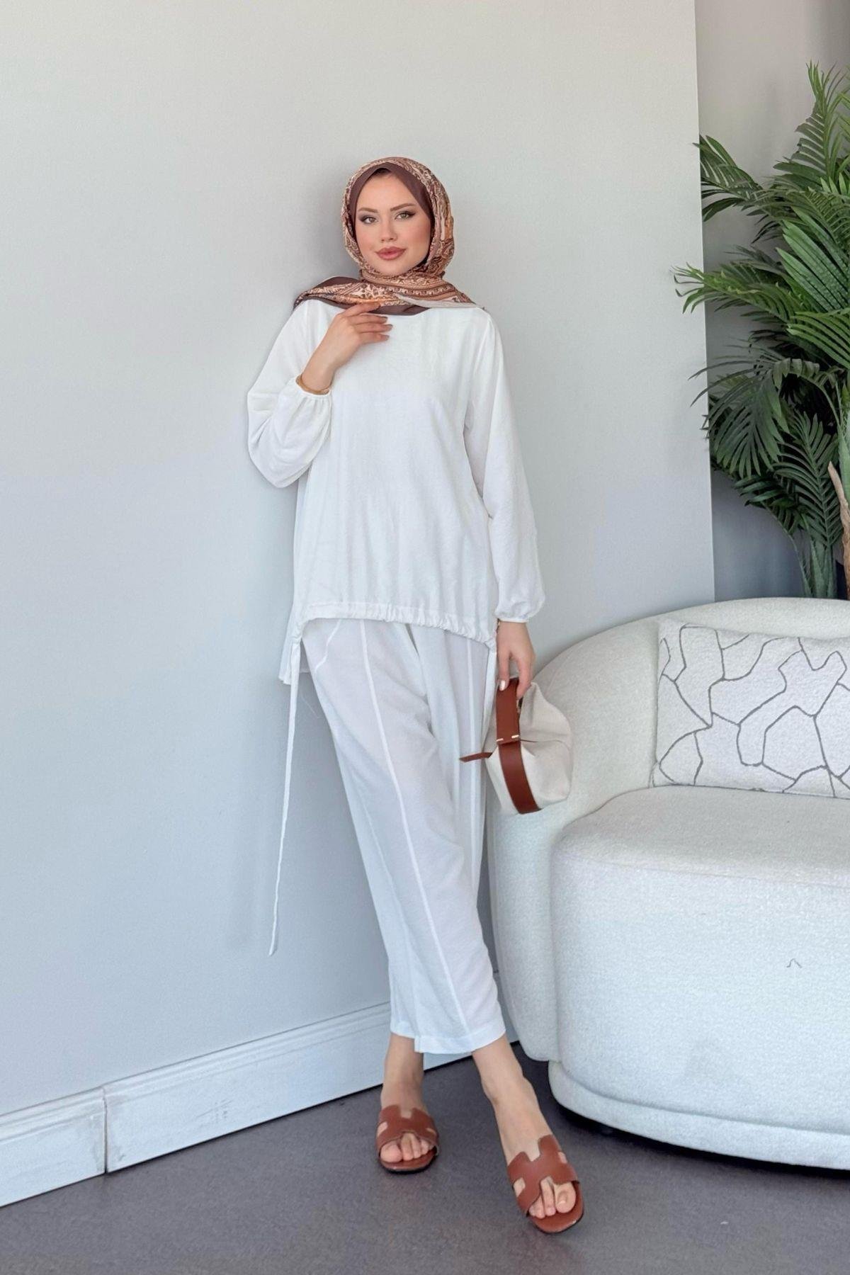 Şalvar Takım Beyaz, Fiyatları Şalvar Airobin Takım Beyaz- Haza Moda 