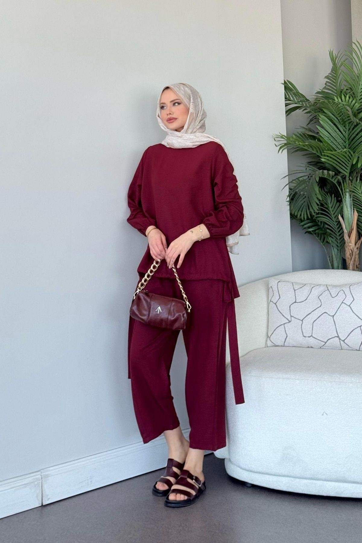 Şalvar Takım Bordo, Fiyatları Şalvar Airobin Takım Bordo - Haza Moda 