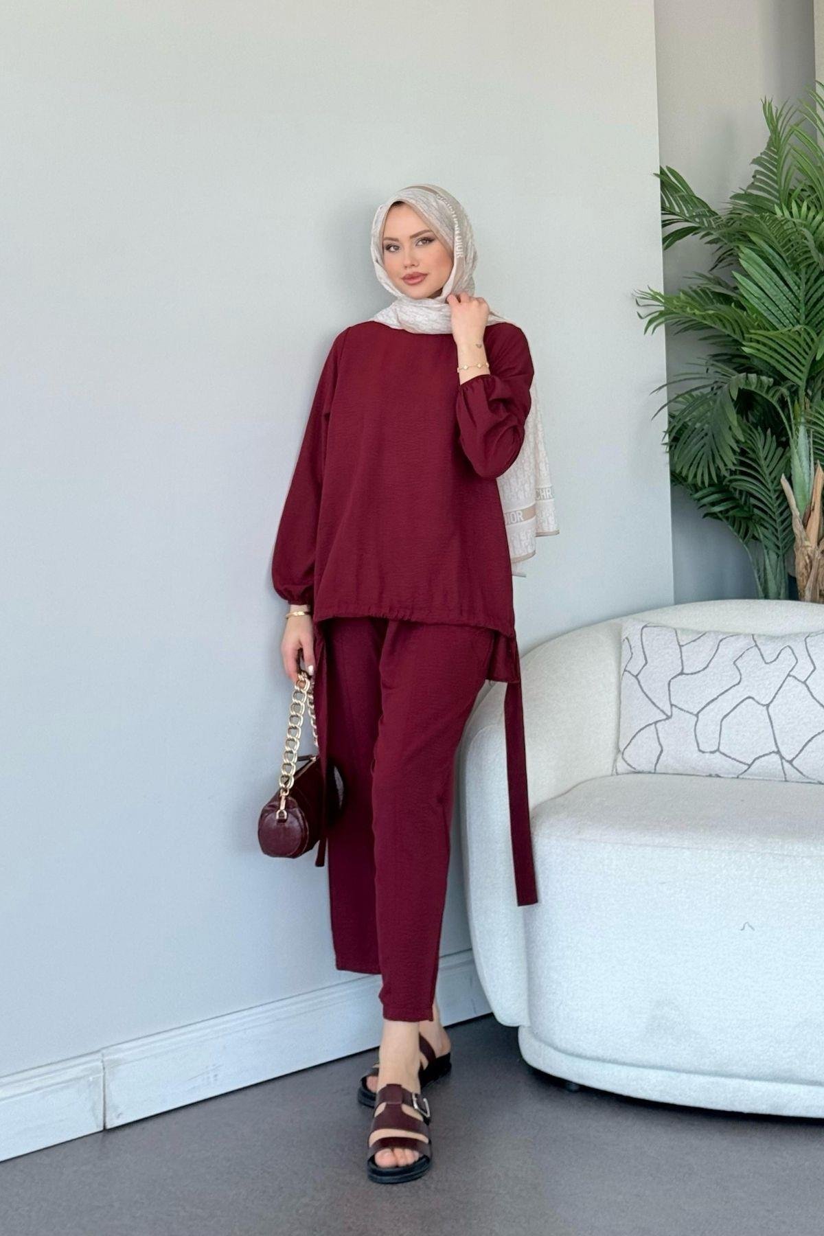 Şalvar Takım Bordo, Fiyatları Şalvar Airobin Takım Bordo - Haza Moda 