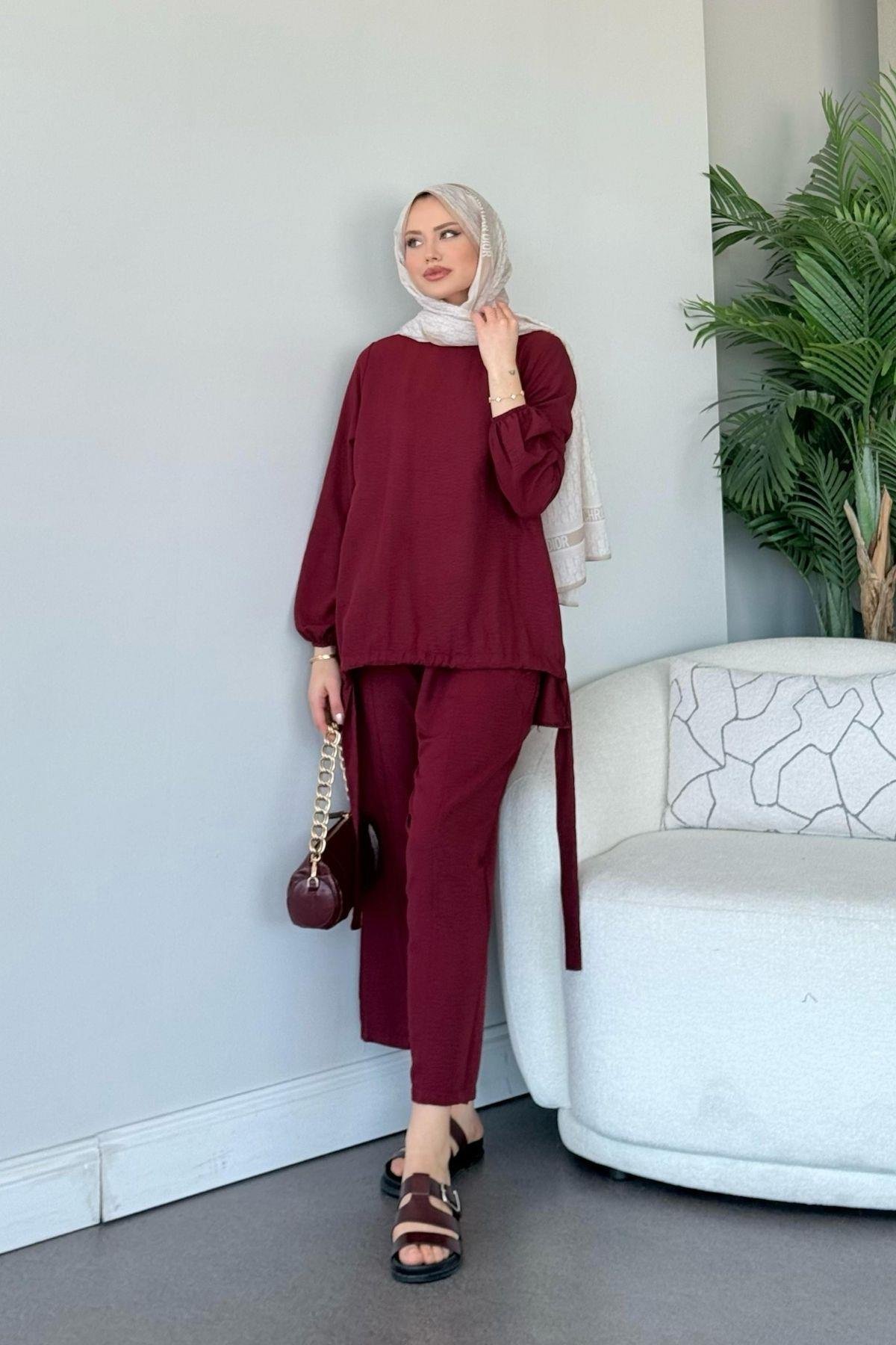 Şalvar Takım Bordo, Fiyatları Şalvar Airobin Takım Bordo - Haza Moda 