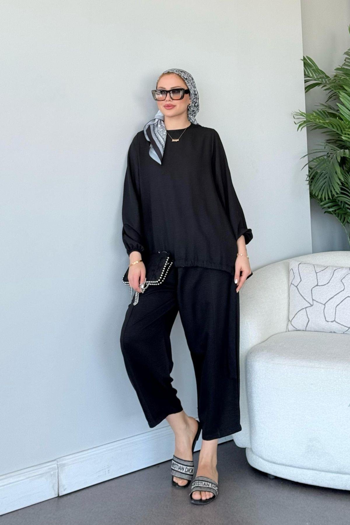 Şalvar Takım Siyah, Fiyatları Şalvar Airobin Takım Siyah- Haza Moda 