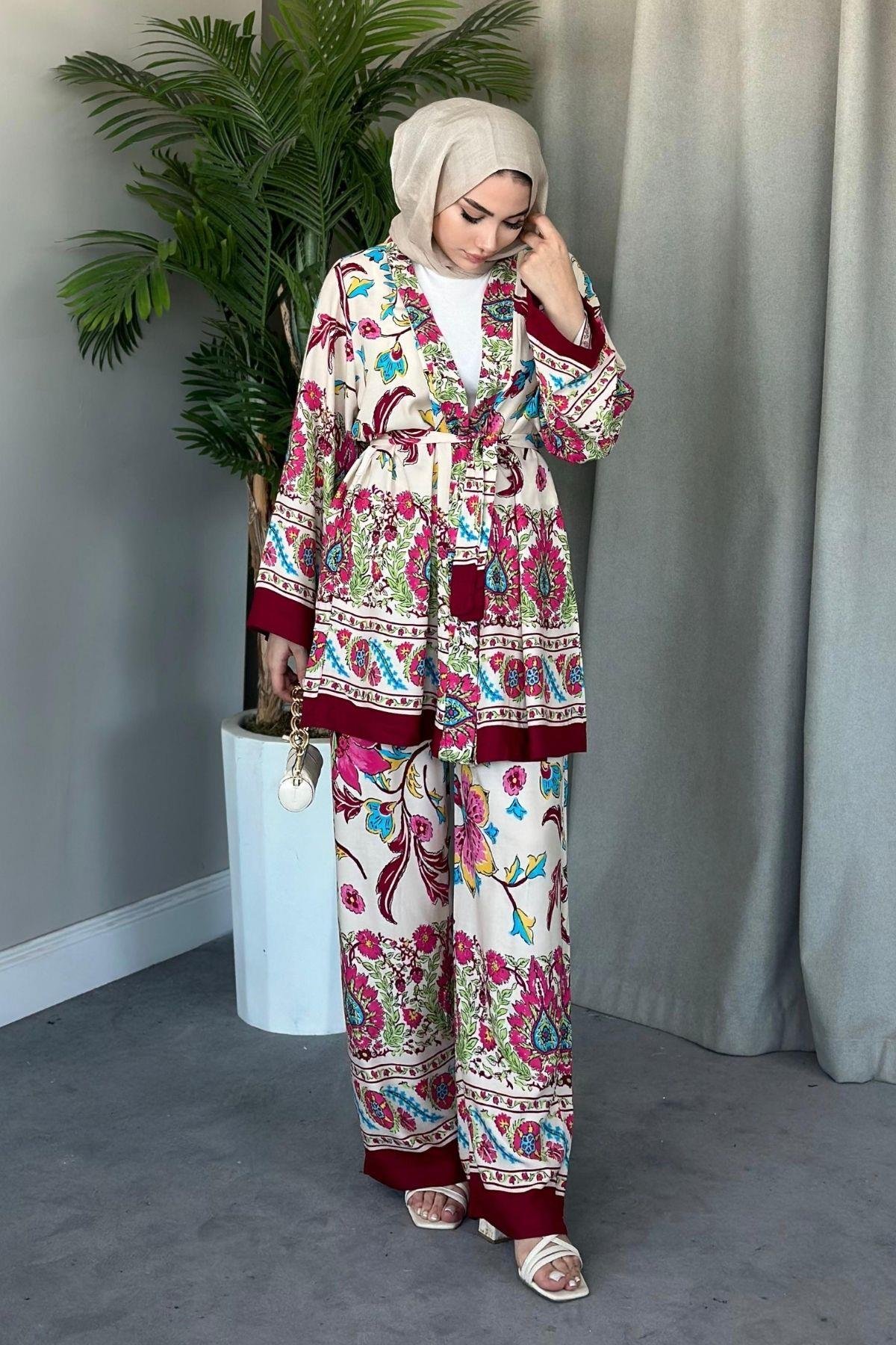 Sarmaşık Viskon Kimono Takım Bordo, Fiyatları 