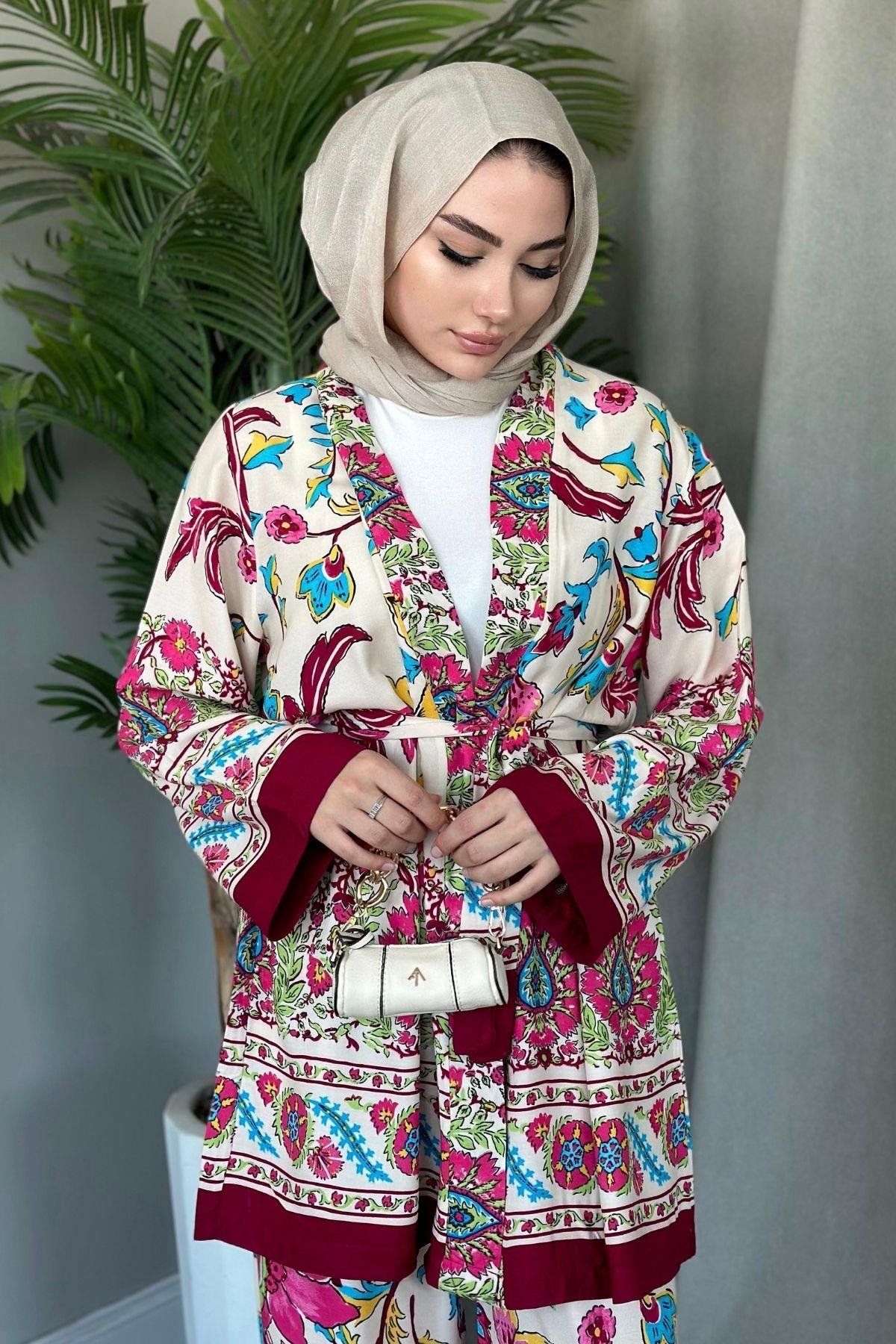 Sarmaşık Viskon Kimono Takım Bordo, Fiyatları 