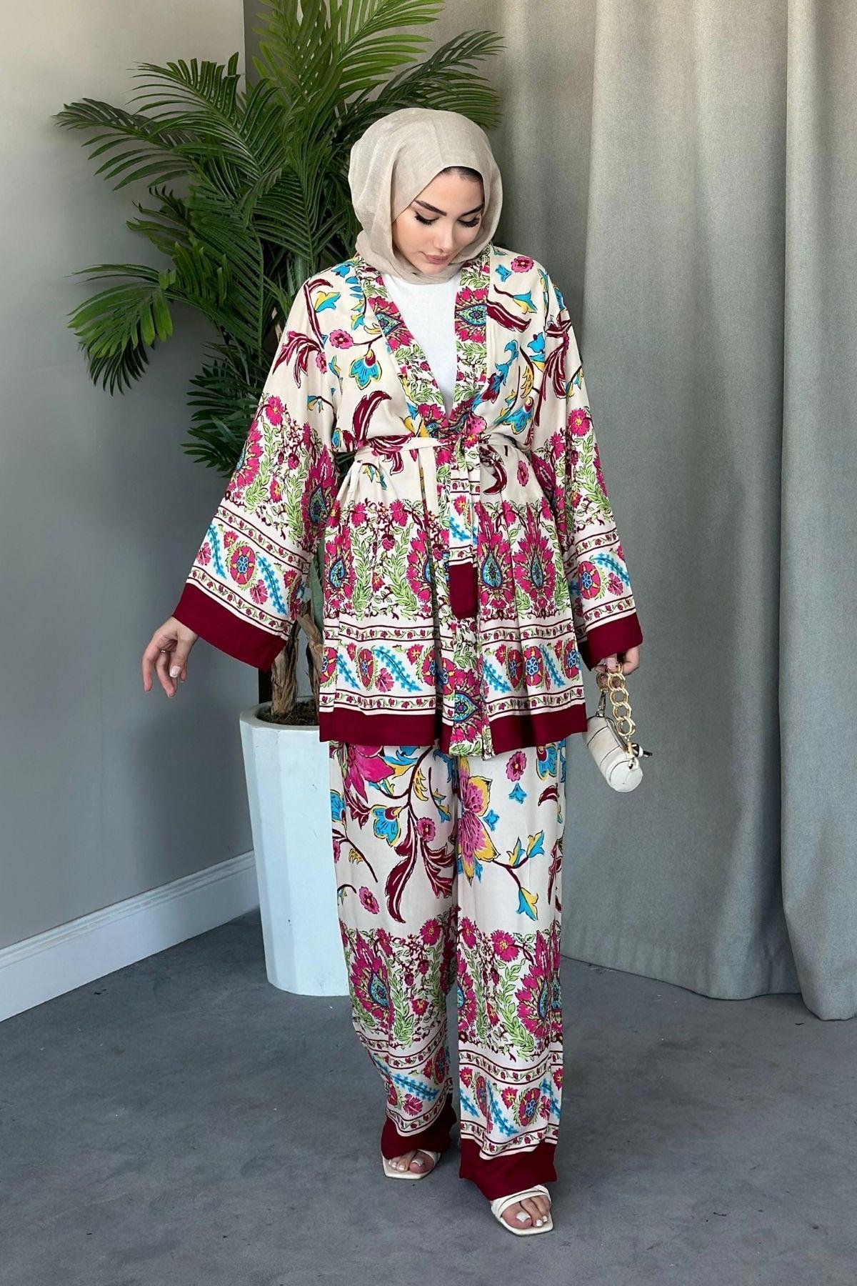 Sarmaşık Viskon Kimono Takım Bordo, Fiyatları 