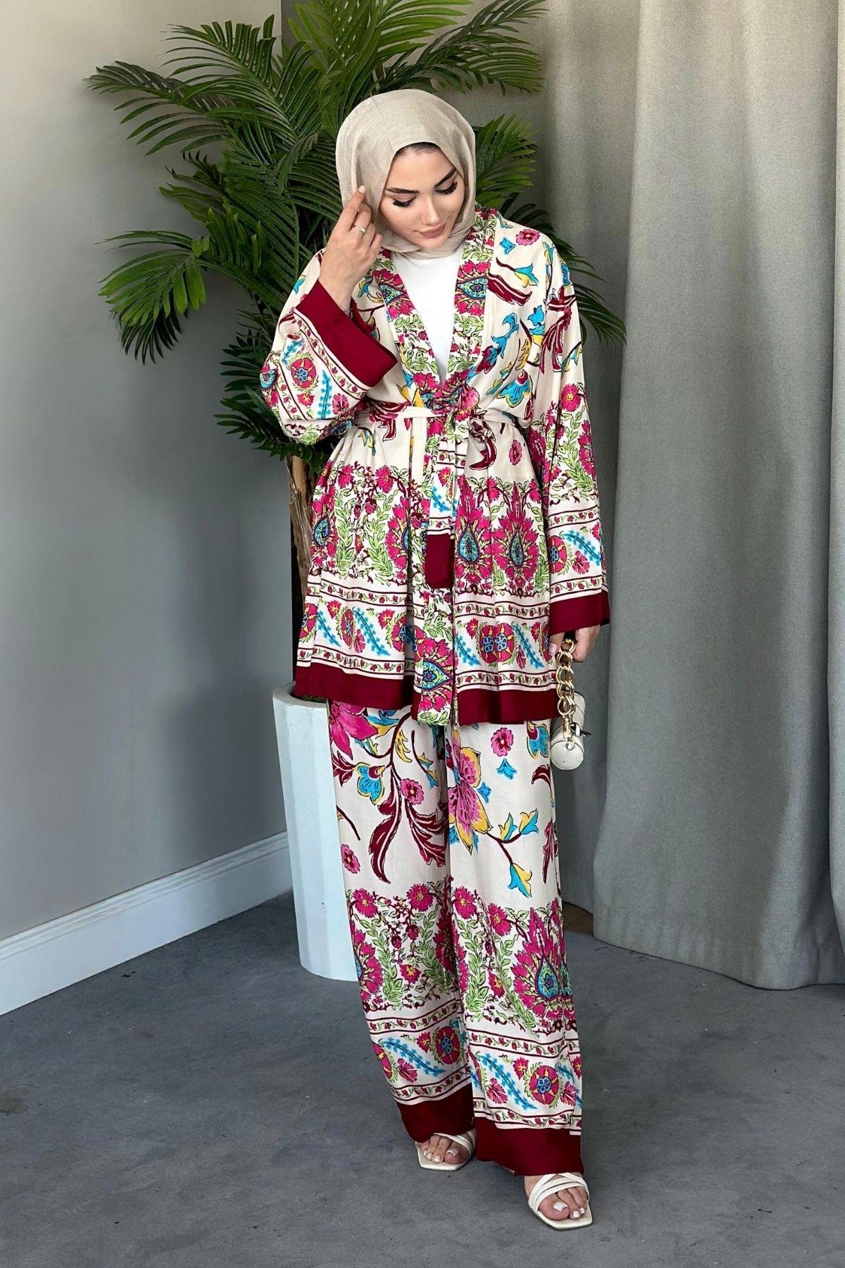 Sarmaşık Viskon Kimono Takım Bordo, Fiyatları 