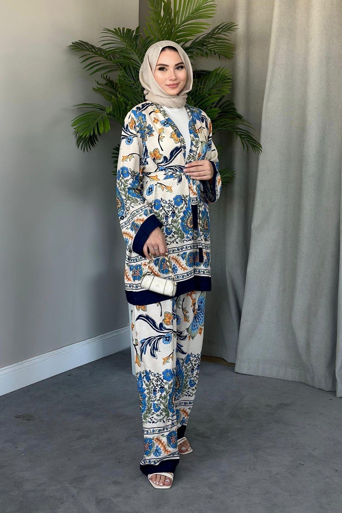 Sarmaşık Viskon Kimono Takım Lacivert, Fiyatları 