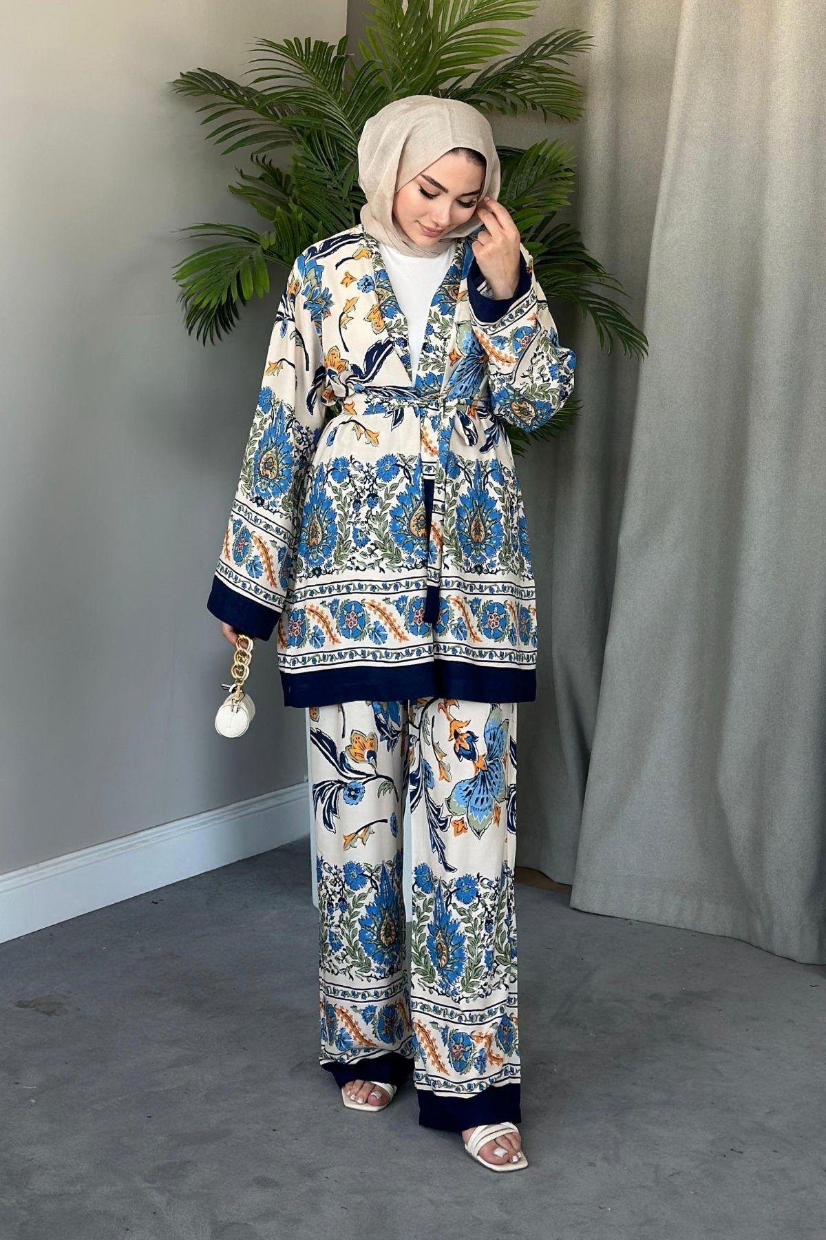 Sarmaşık Viskon Kimono Takım Lacivert, Fiyatları 