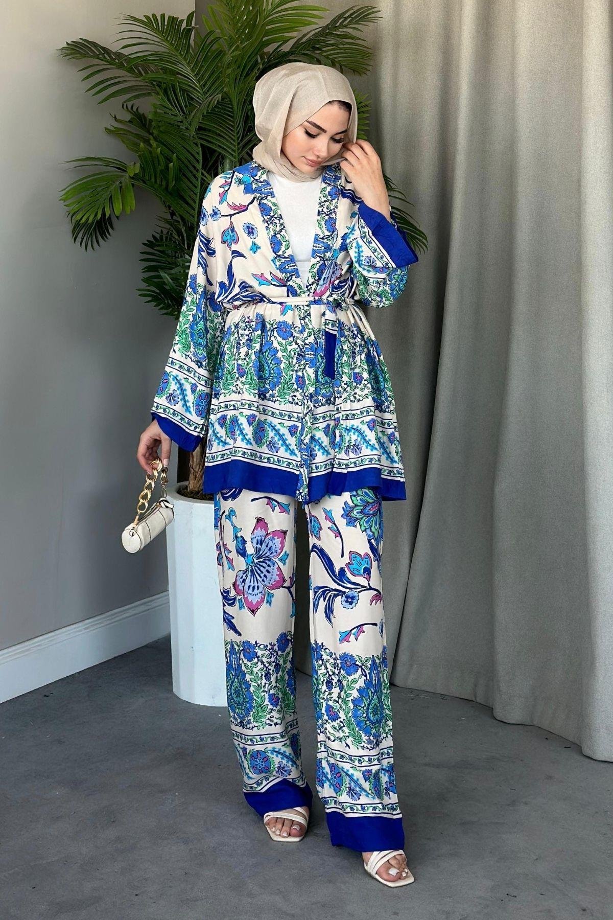 Sarmaşık Viskon Kimono Takım Saks, Fiyatları 