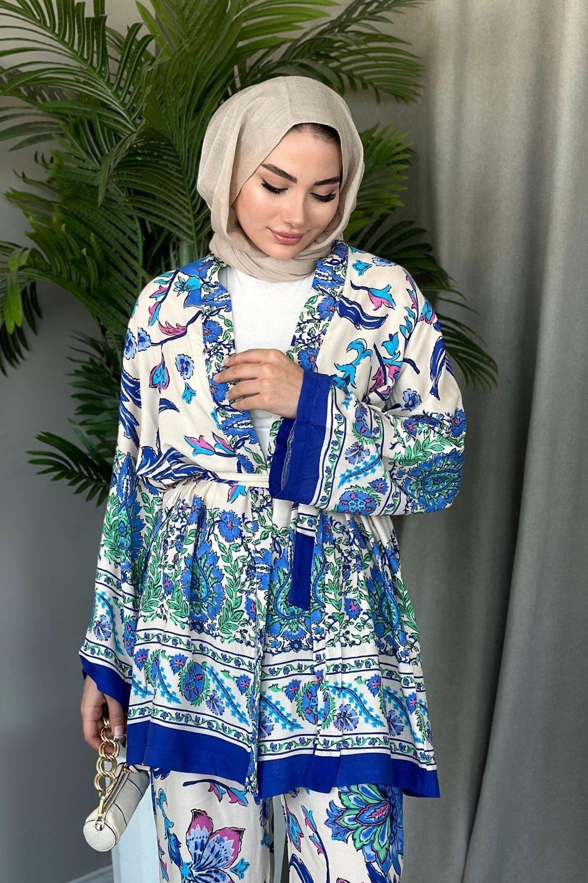 Sarmaşık Viskon Kimono Takım Saks, Fiyatları 