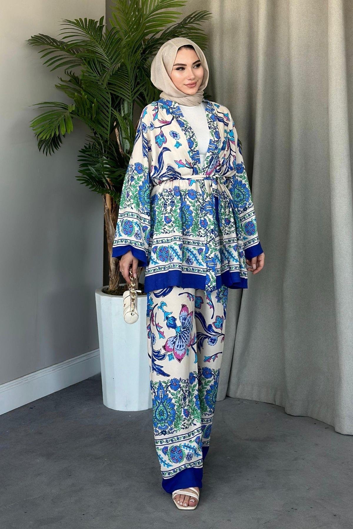 Sarmaşık Viskon Kimono Takım Saks, Fiyatları 