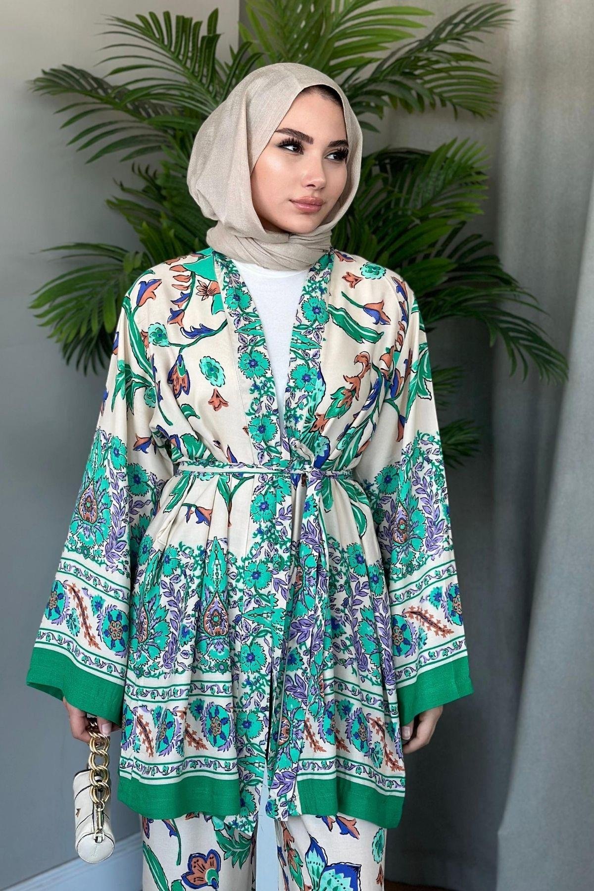 Sarmaşık Viskon Kimono Takım Yeşil, Fiyatları 