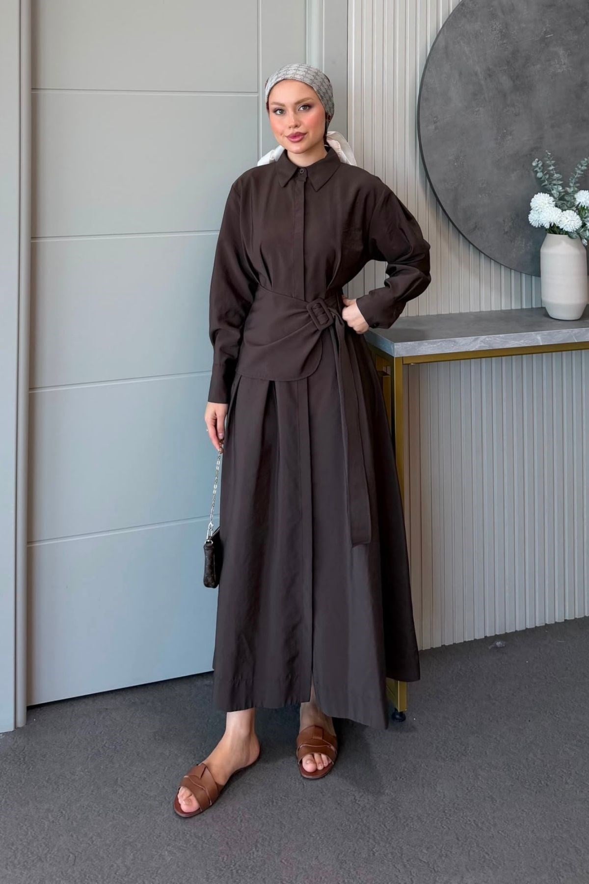 Seher Kemerli Elbise Kahve, Fiyatları Seher Kemerli Elbise Kahve| Haza Moda
