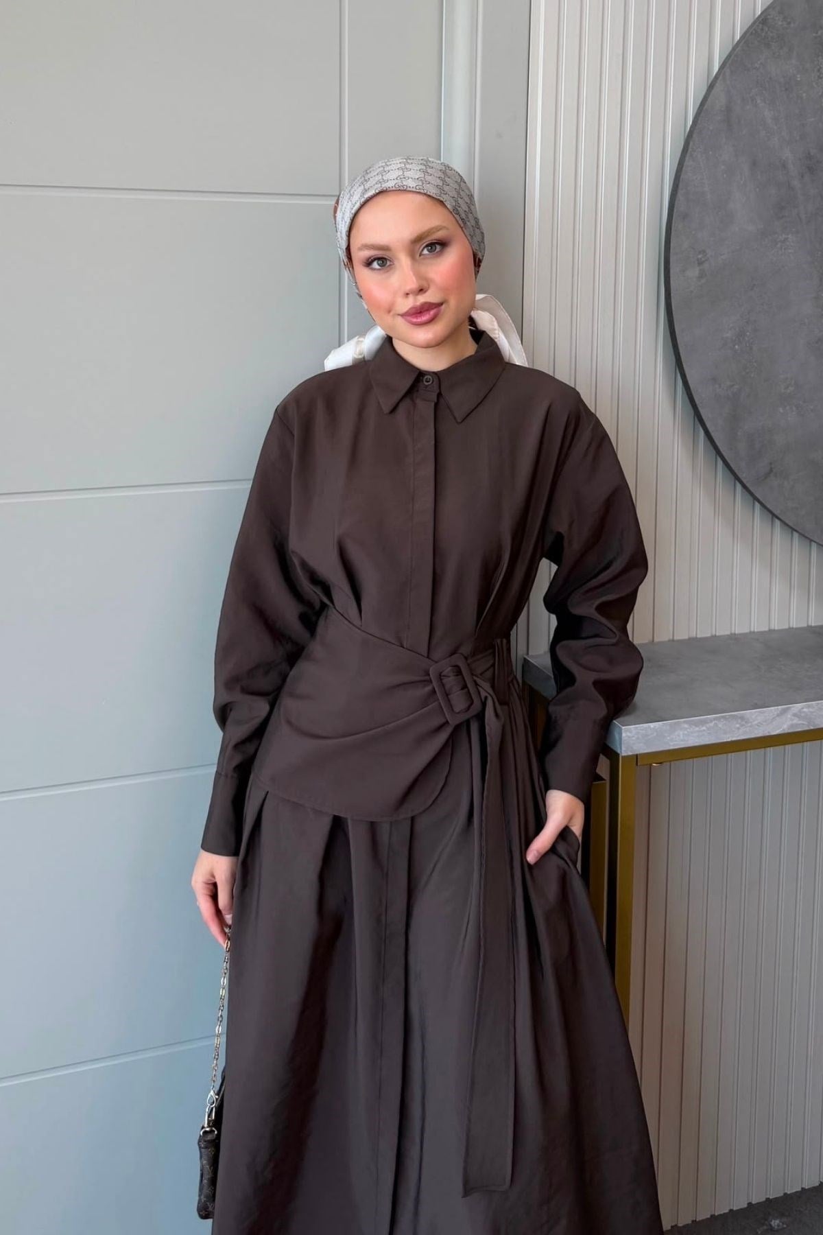 Seher Kemerli Elbise Kahve, Fiyatları Seher Kemerli Elbise Kahve| Haza Moda
