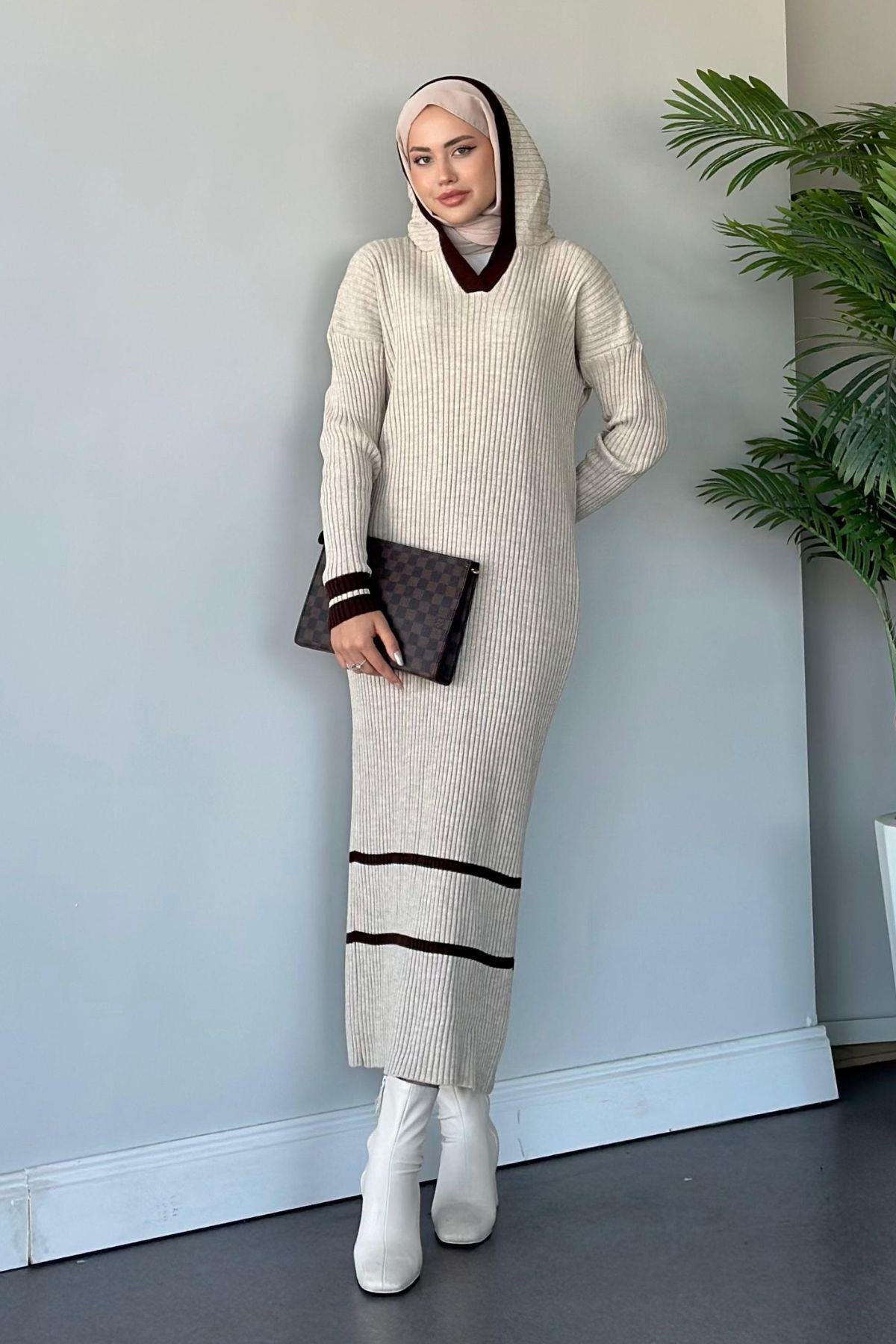 Selly Kapişonlu Triko Elbise Bej, Fiyatları 