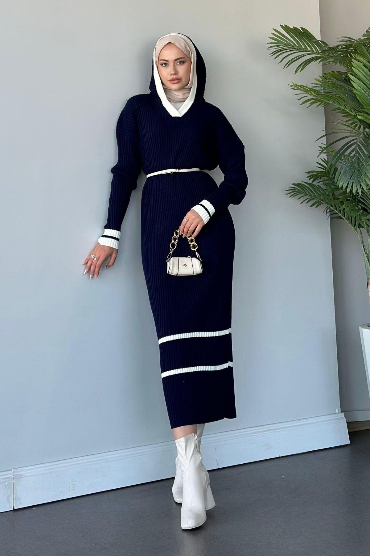 Selly Kapişonlu Triko Elbise Lacivert, Fiyatları 