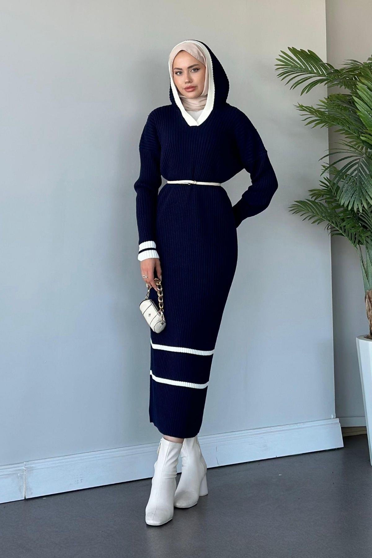 Selly Kapişonlu Triko Elbise Lacivert, Fiyatları 