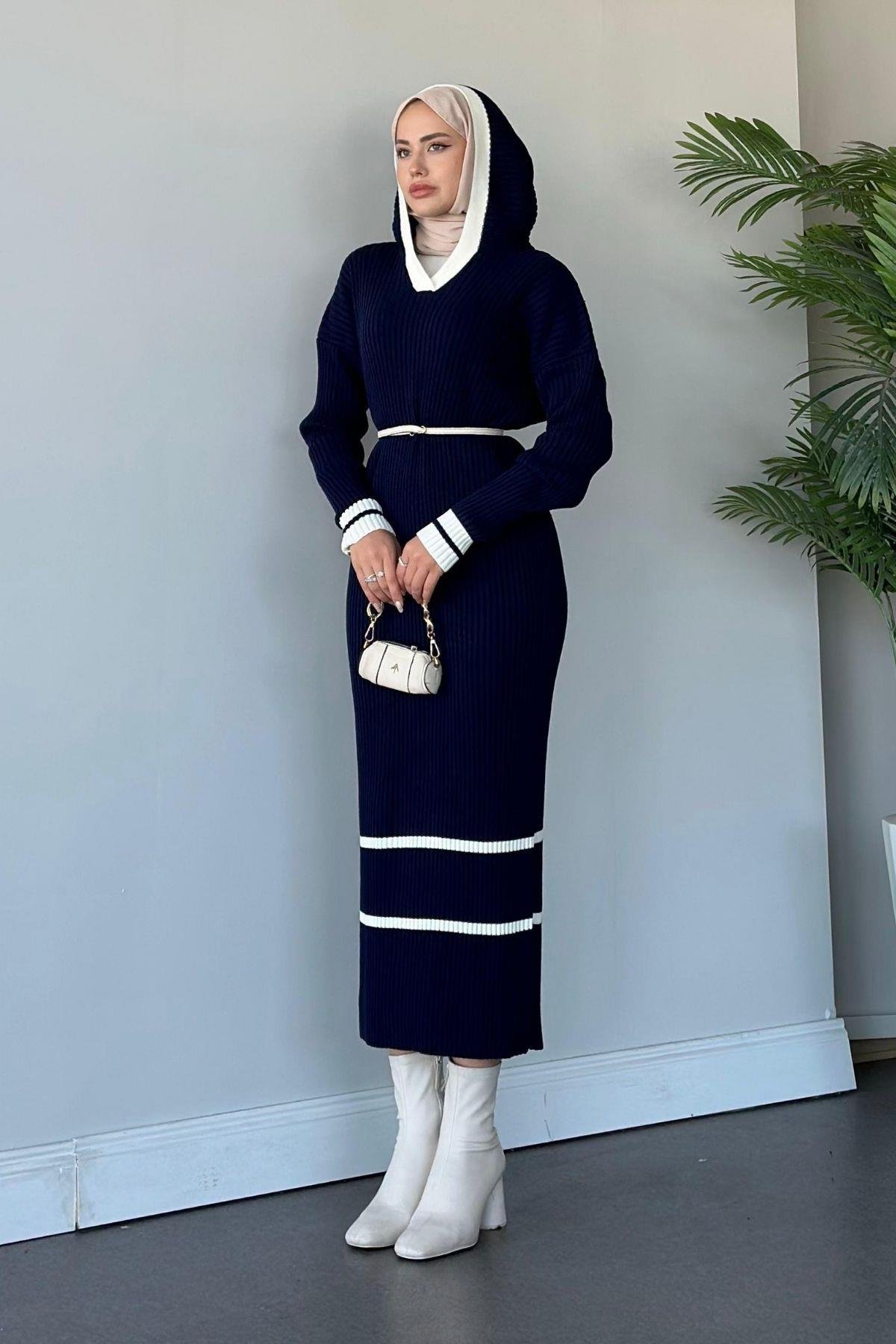 Selly Kapişonlu Triko Elbise Lacivert, Fiyatları 