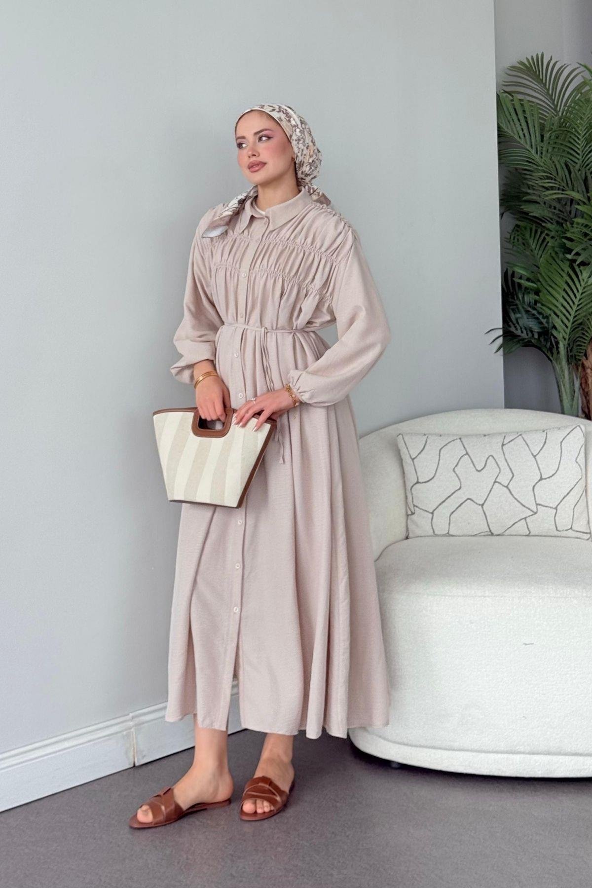 Semiz Gipeli Elbise Bej, Fiyatları Semiz Gipeli Elbise Bej- Haza Moda