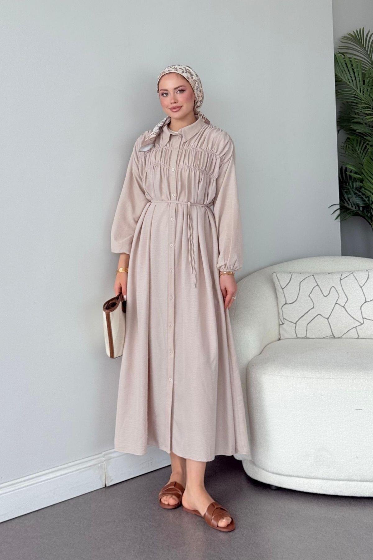 Semiz Gipeli Elbise Bej, Fiyatları Semiz Gipeli Elbise Bej- Haza Moda