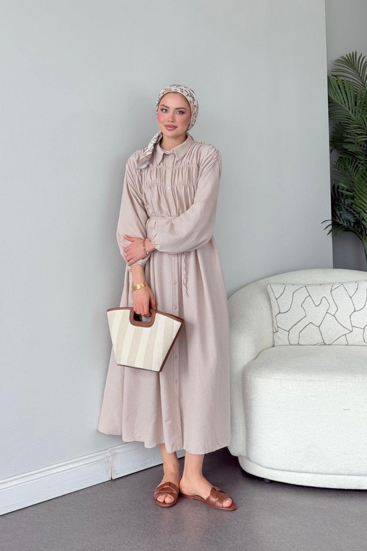 Semiz Gipeli Elbise Bej, Fiyatları Semiz Gipeli Elbise Bej- Haza Moda