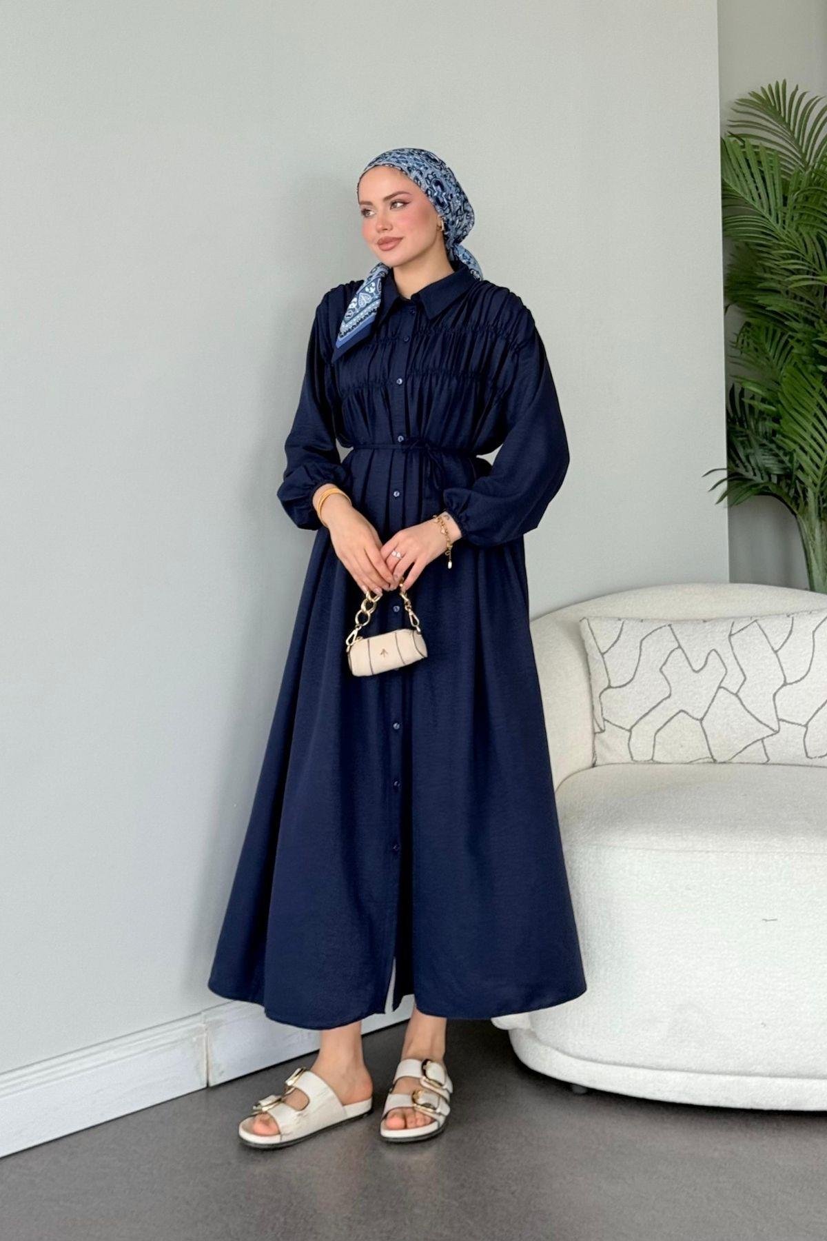 Semiz Gipeli Elbise Lacivert, Fiyatları Semiz Gipeli Elbise Lacivert- Haza Moda