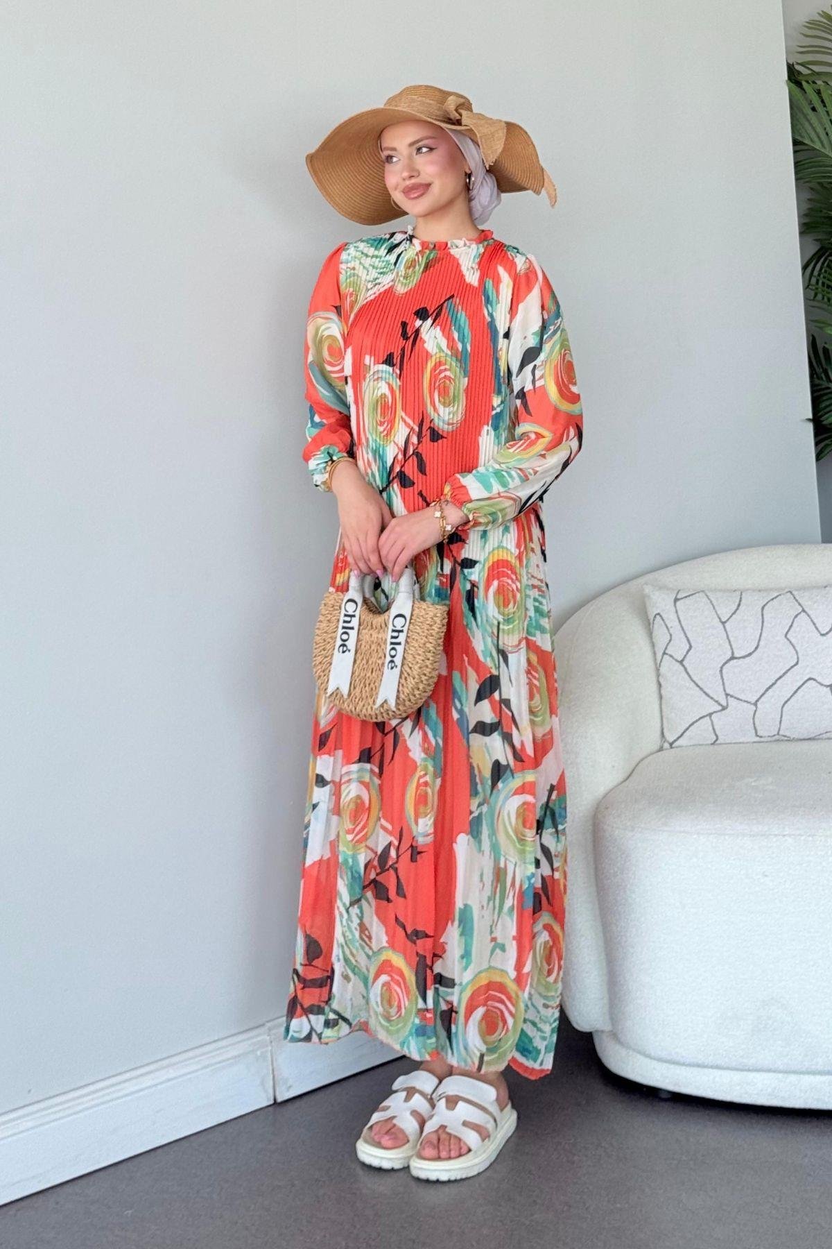 Şık Piliseli Elbise Turuncu, Fiyatları Şık Piliseli Elbise Turuncu - Haza Moda