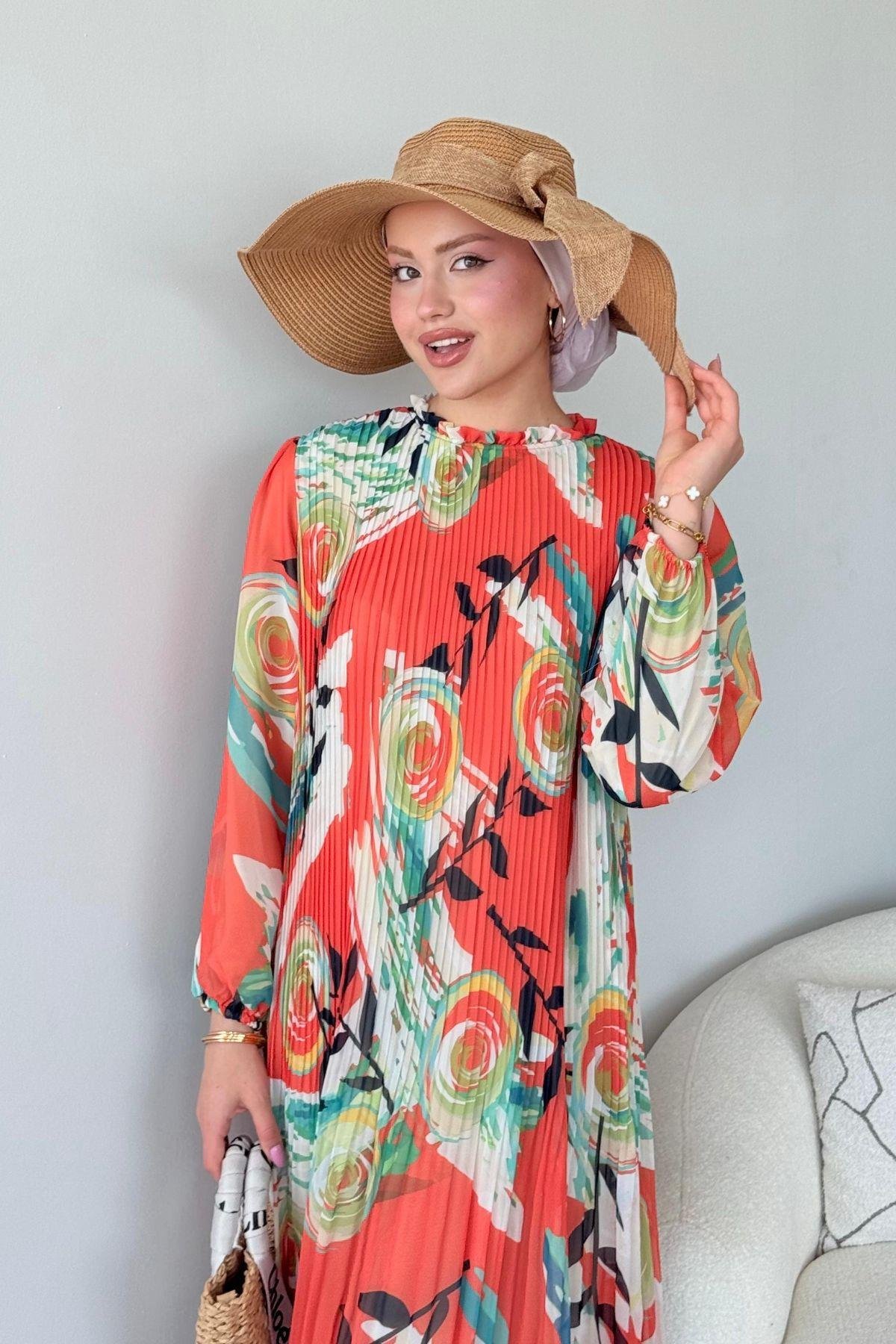 Şık Piliseli Elbise Turuncu, Fiyatları Şık Piliseli Elbise Turuncu - Haza Moda