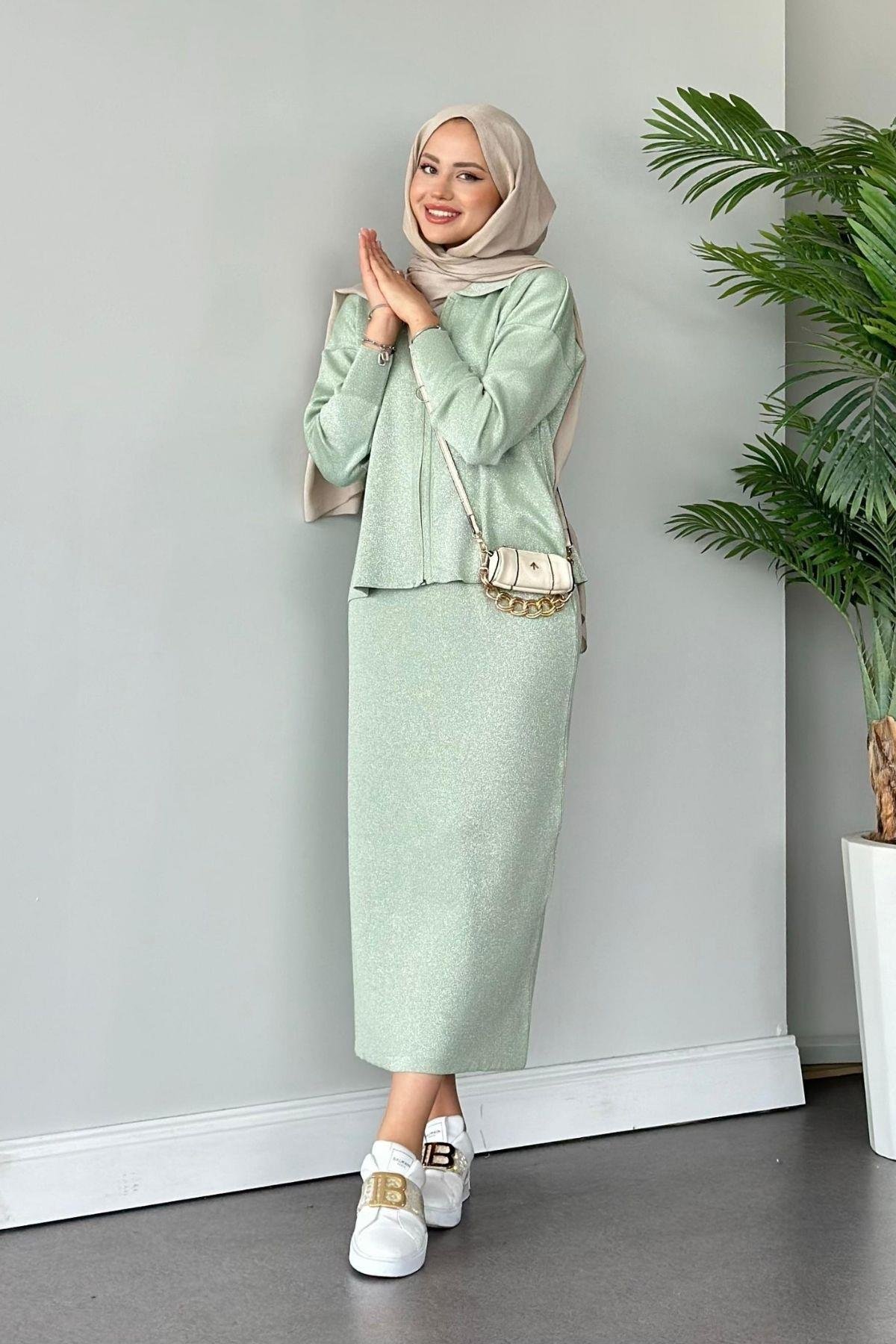 Sindirella Etekli Triko Takım Su Yeşili, Fiyatları Haza Moda | Tesettür Giyim | Sindirella Etekli Triko Takım Su Yeşili