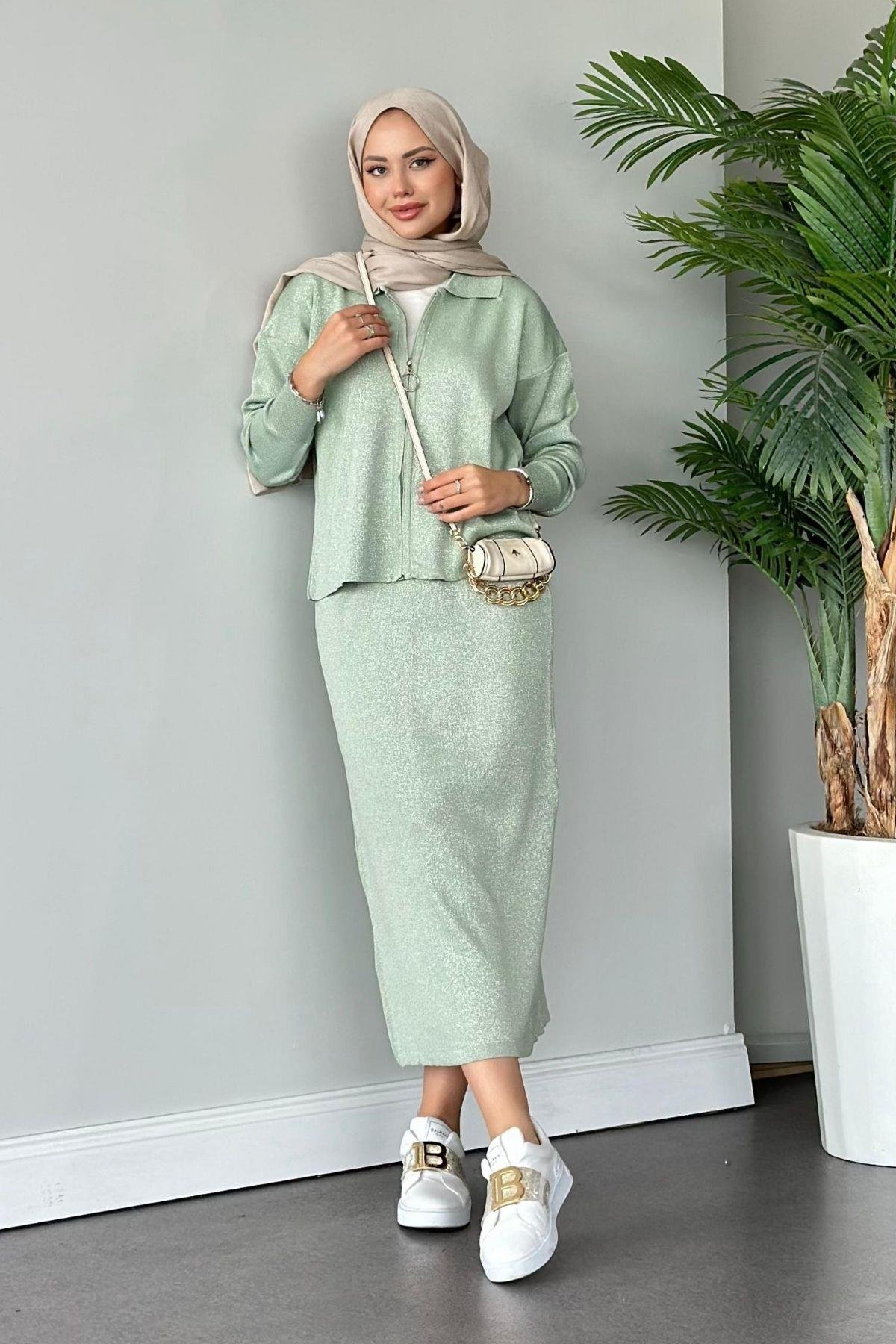 Sindirella Etekli Triko Takım Su Yeşili, Fiyatları Haza Moda | Tesettür Giyim | Sindirella Etekli Triko Takım Su Yeşili