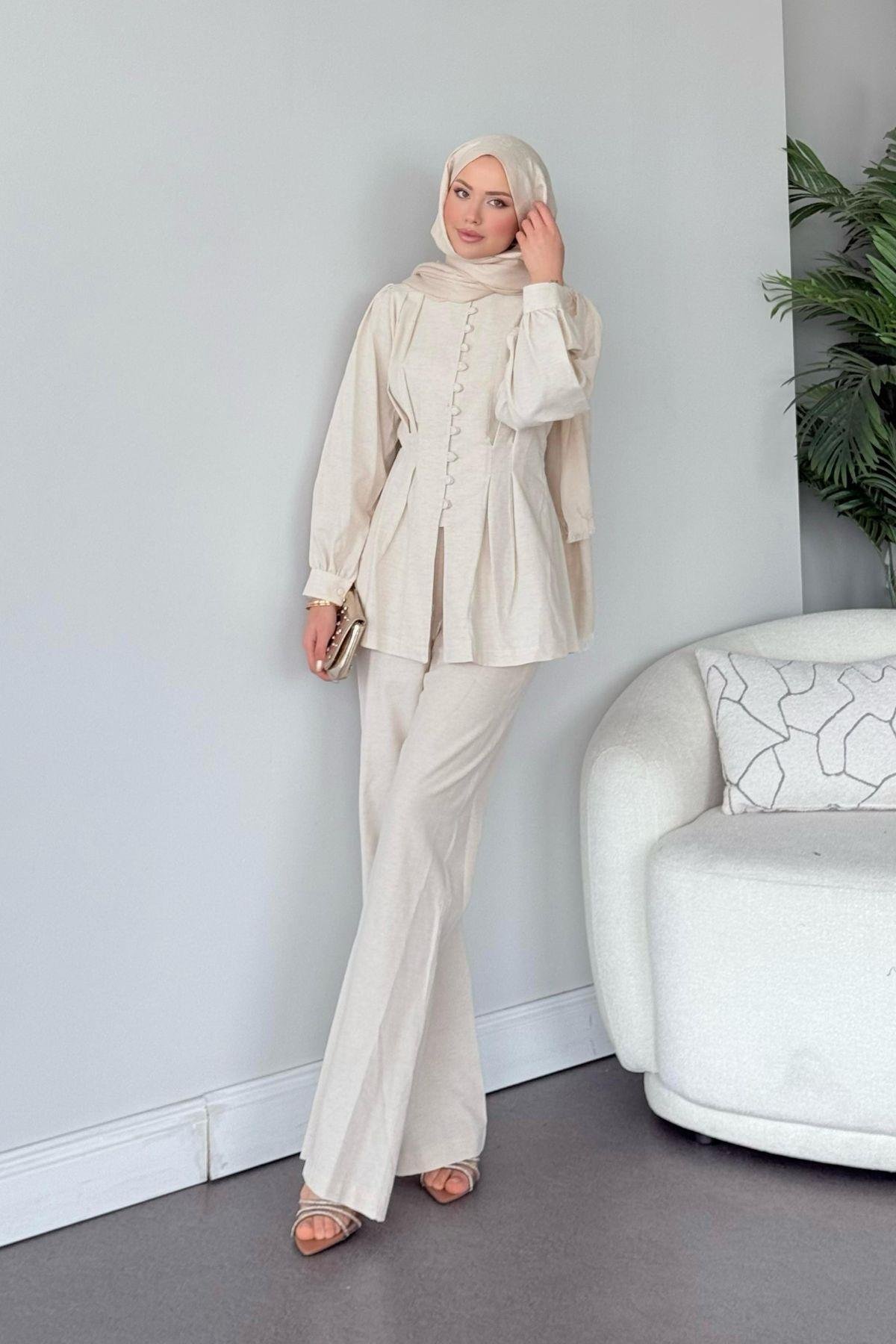 Sindy Keten Takım Bej, Fiyatları Sindy Keten Takım Haki- Haza Moda 