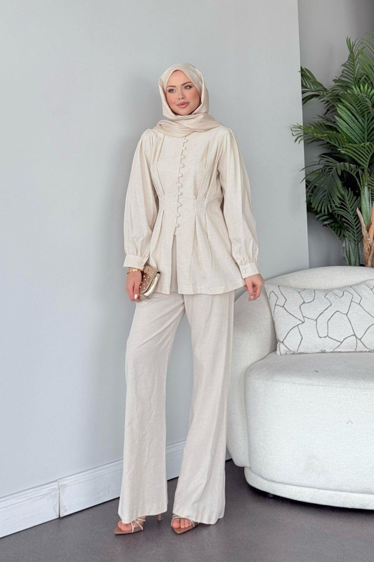 Sindy Keten Takım Bej, Fiyatları Sindy Keten Takım Haki- Haza Moda 