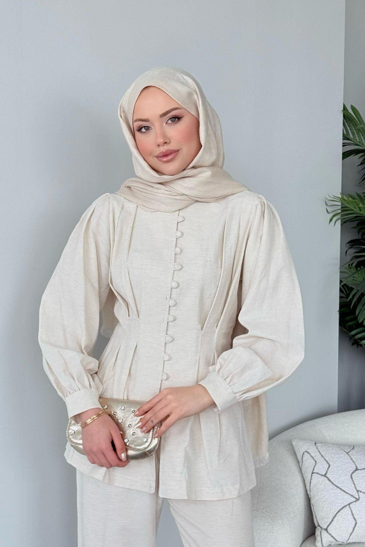 Sindy Keten Takım Bej, Fiyatları Sindy Keten Takım Haki- Haza Moda 