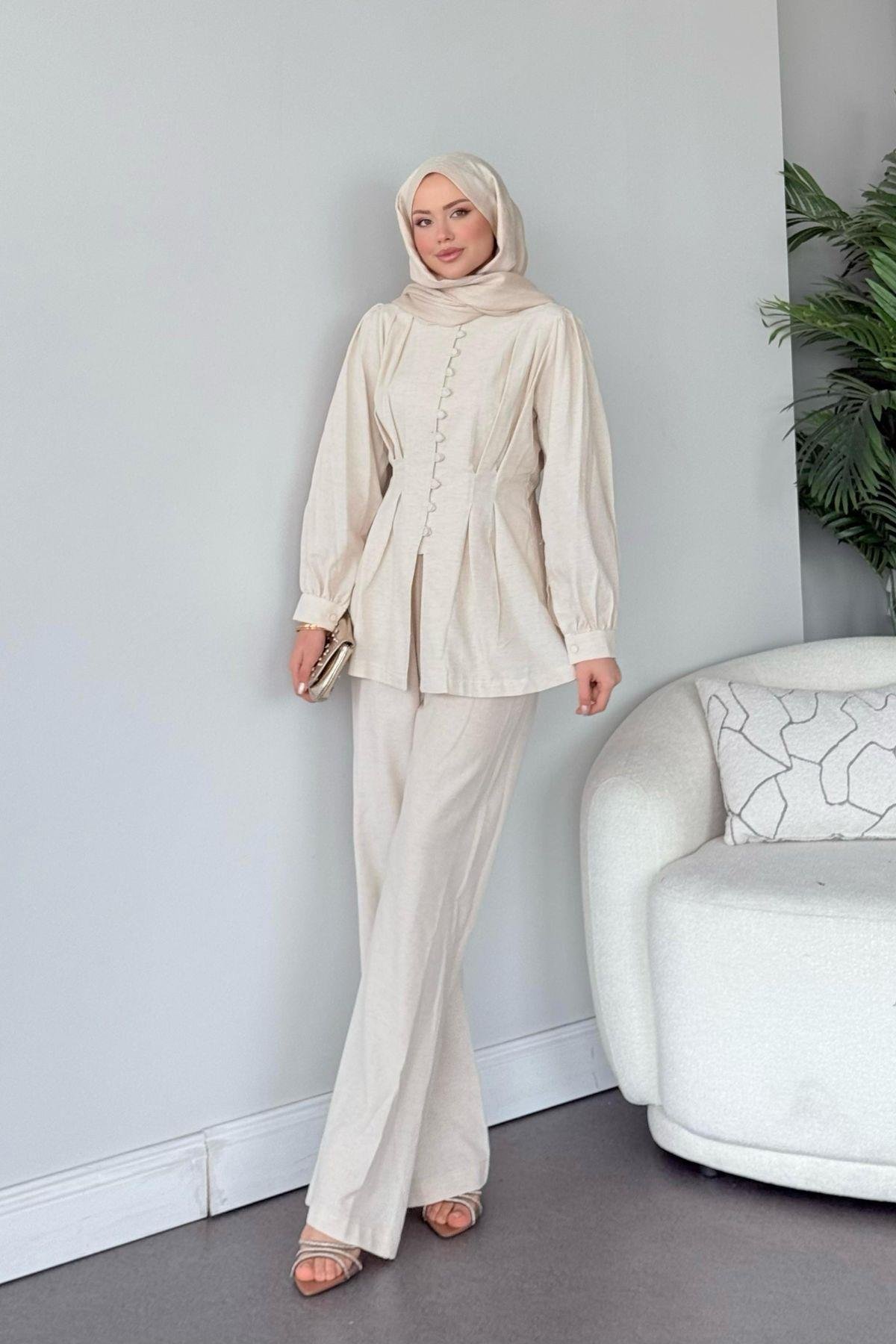 Sindy Keten Takım Bej, Fiyatları Sindy Keten Takım Haki- Haza Moda 