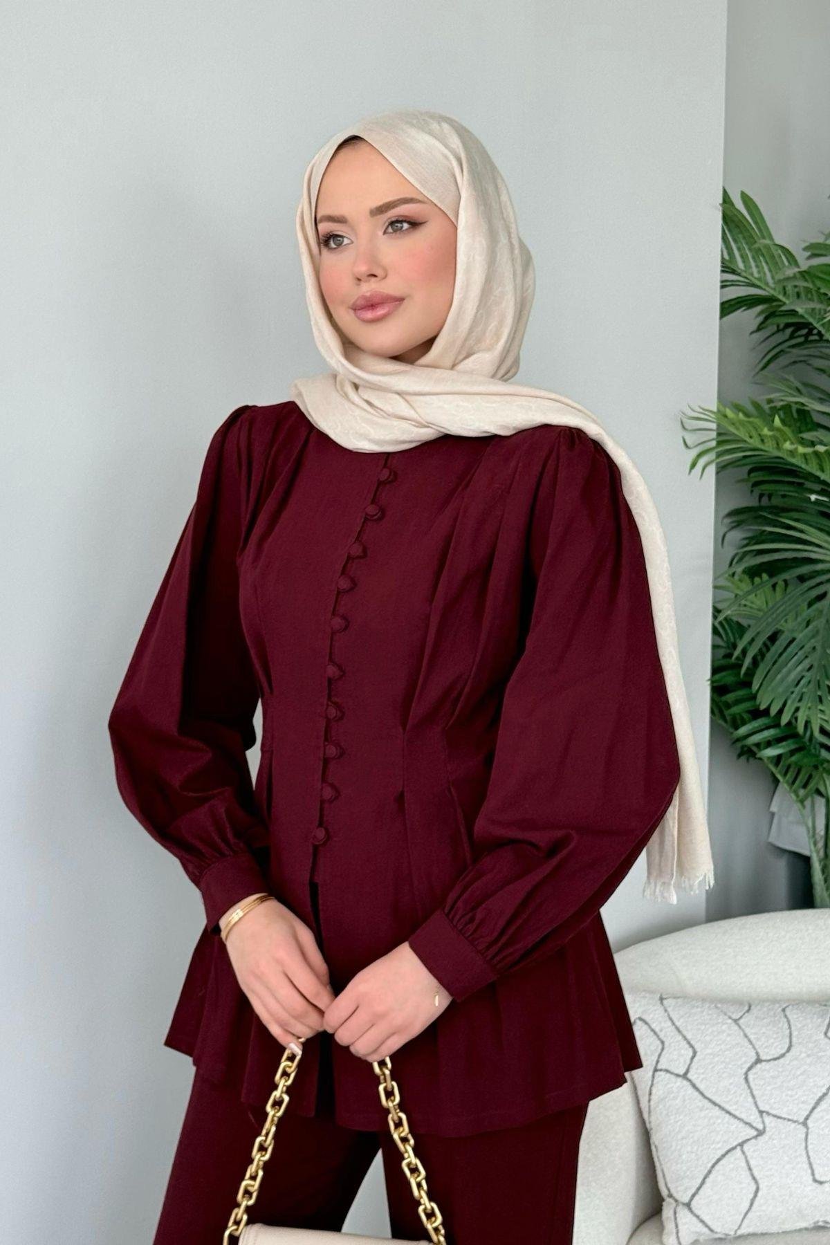 Sindy Keten Takım Bordo, Fiyatları Sindy Keten Takım Bordo- Haza Moda 