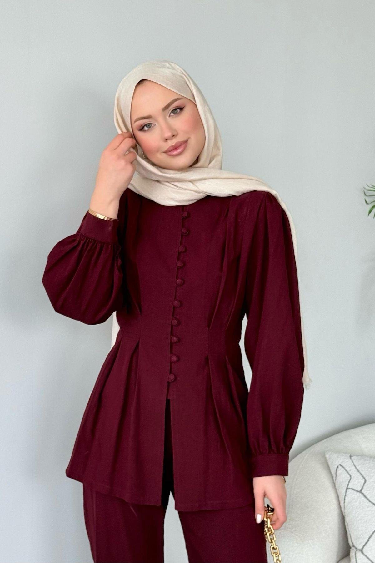 Sindy Keten Takım Bordo, Fiyatları Sindy Keten Takım Bordo- Haza Moda 