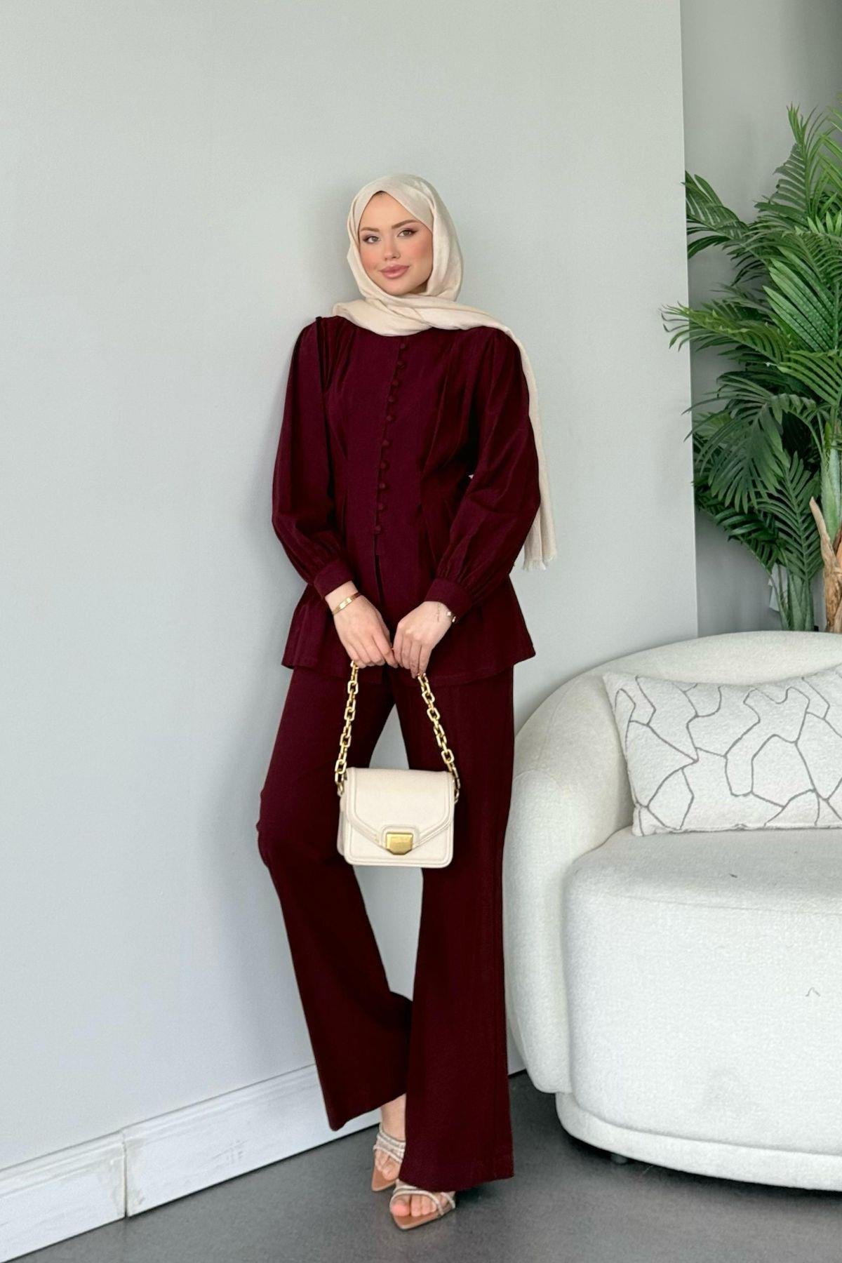 Sindy Keten Takım Bordo, Fiyatları Sindy Keten Takım Bordo- Haza Moda 