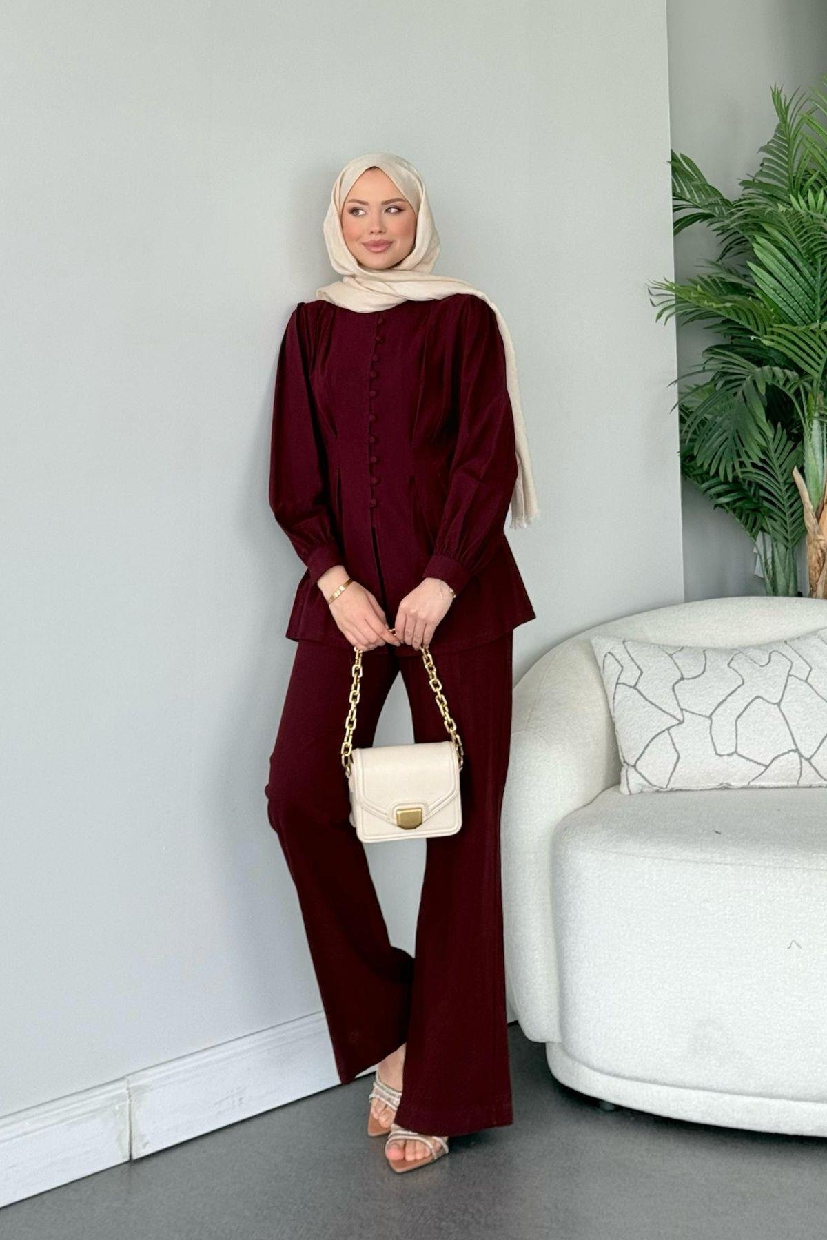Sindy Keten Takım Bordo, Fiyatları Sindy Keten Takım Bordo- Haza Moda 