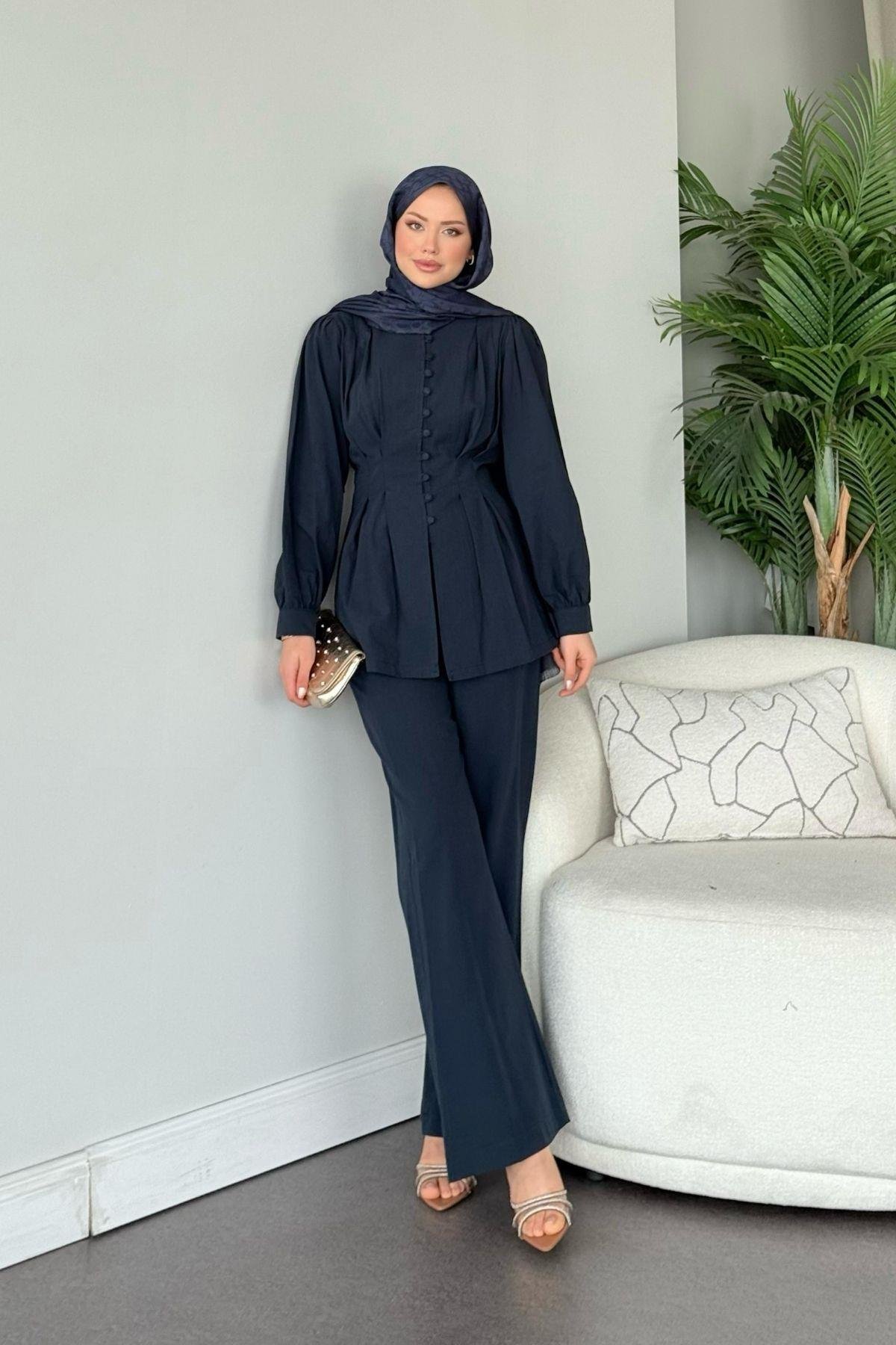 Sindy Keten Takım Lacivert, Fiyatları Sindy Keten Takım Lacivert- Haza Moda 