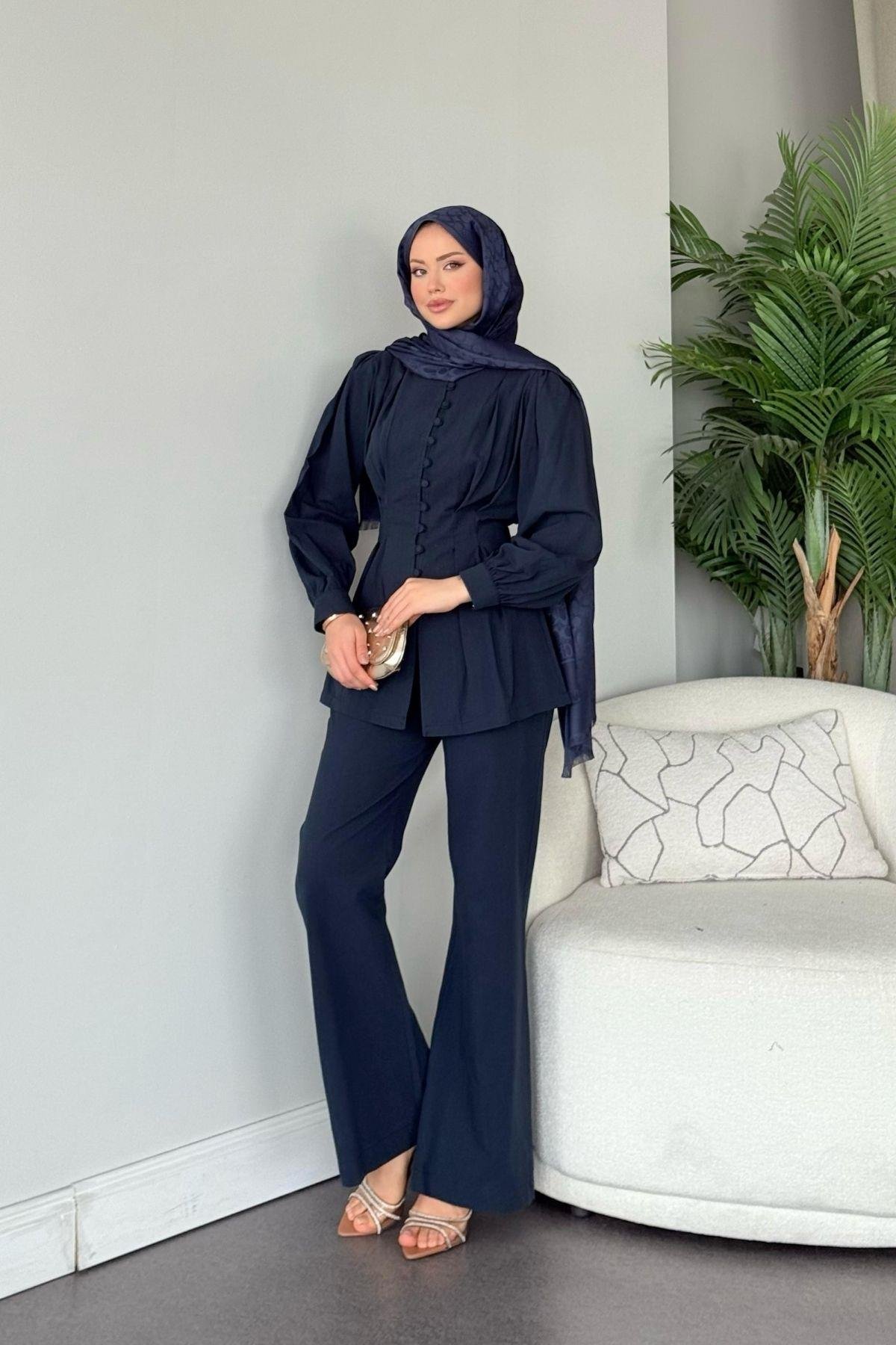 Sindy Keten Takım Lacivert, Fiyatları Sindy Keten Takım Lacivert- Haza Moda 