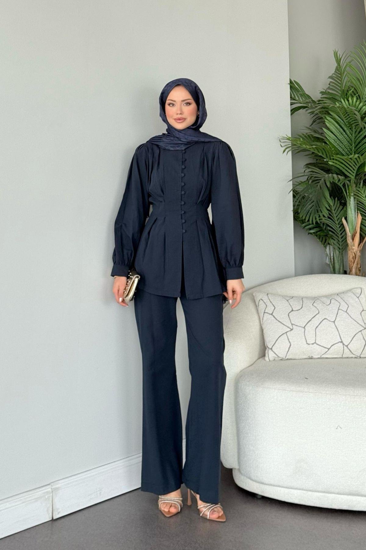 Sindy Keten Takım Lacivert, Fiyatları Sindy Keten Takım Lacivert- Haza Moda 