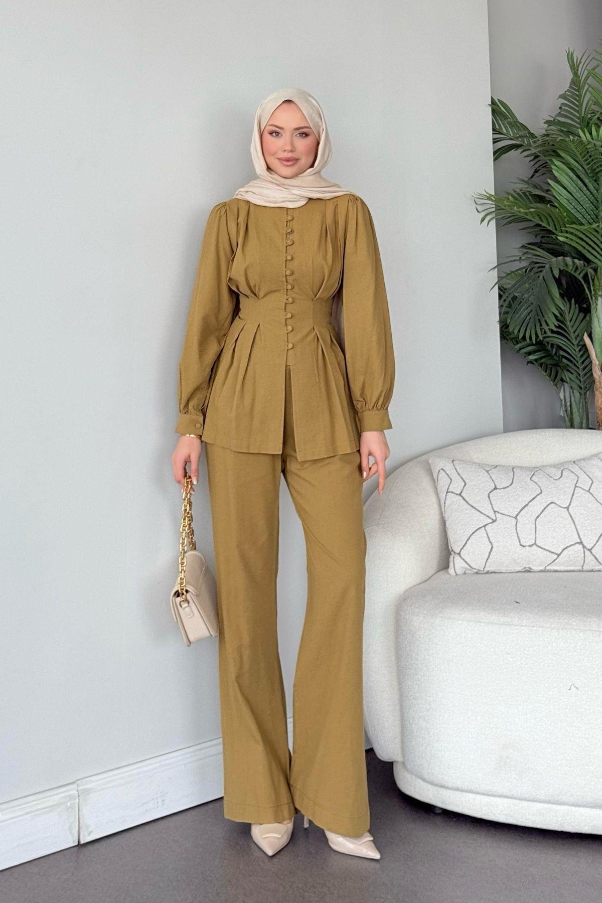 Sindy Keten Takım Yağ yeşili, Fiyatları Sindy Keten Takım Yağ yeşili- Haza Moda 