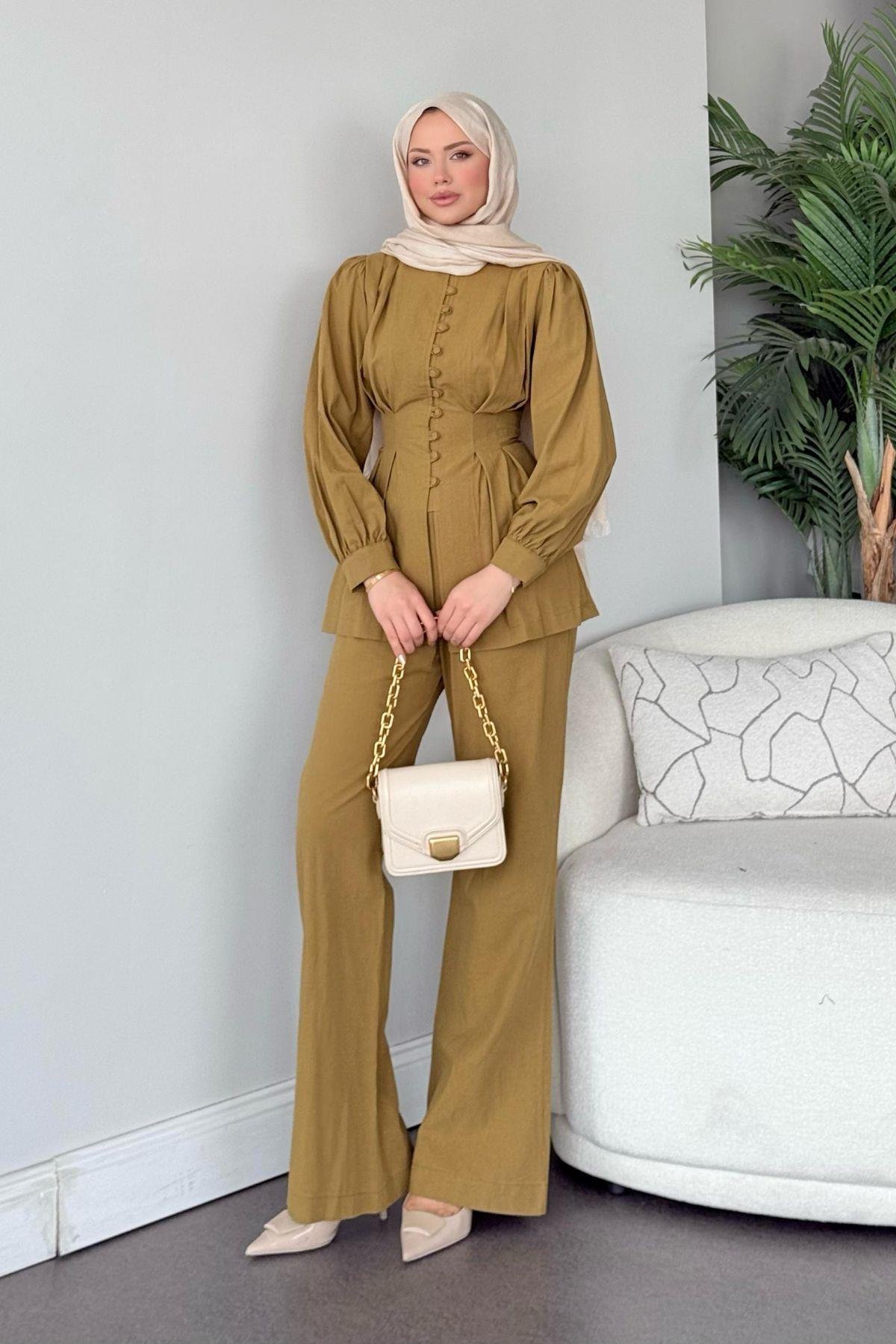 Sindy Keten Takım Yağ yeşili, Fiyatları Sindy Keten Takım Yağ yeşili- Haza Moda 