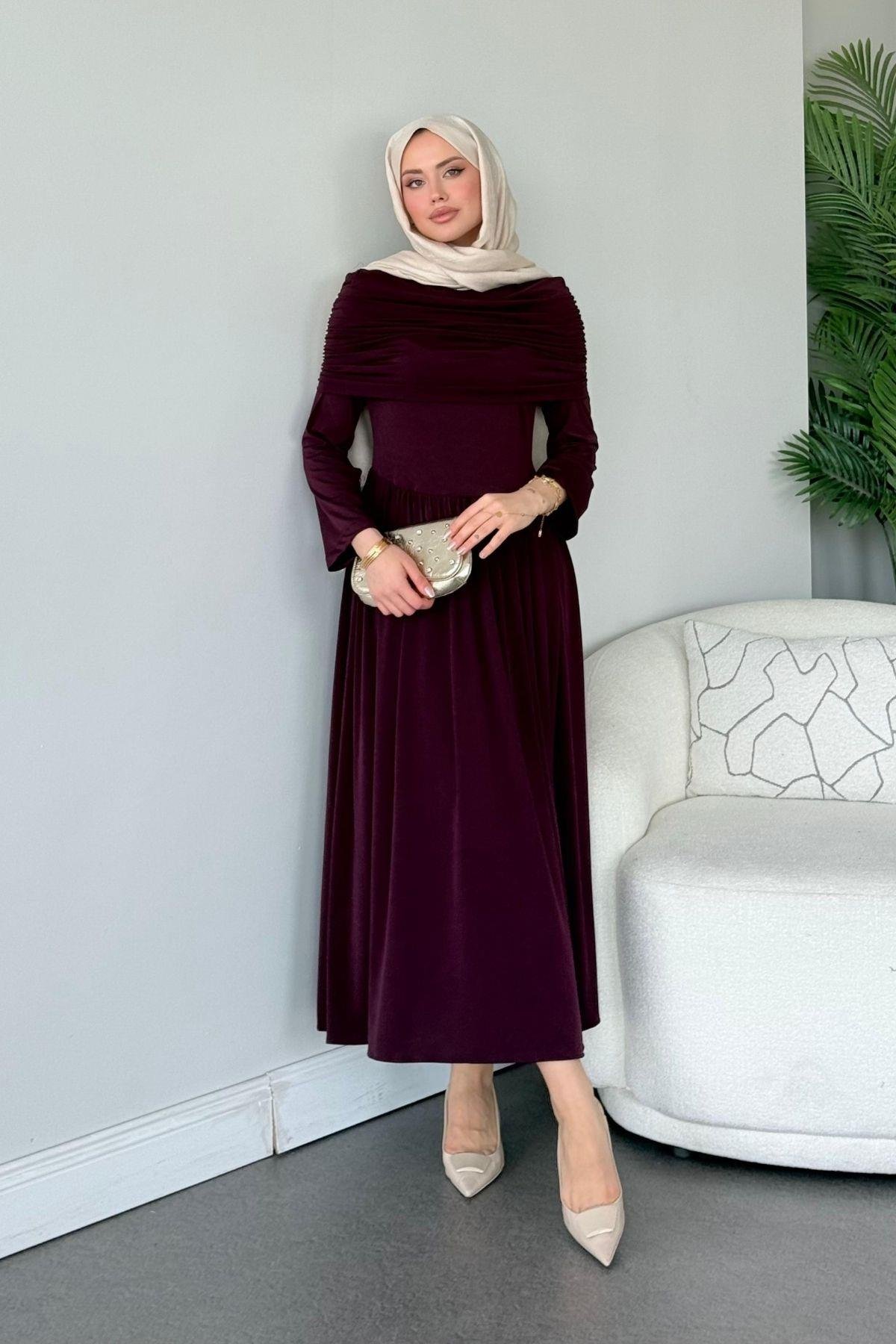 Sinem Sandy Elbise Mürdüm, Fiyatları Sinem Sandy Elbise Mürdüm- Haza Moda