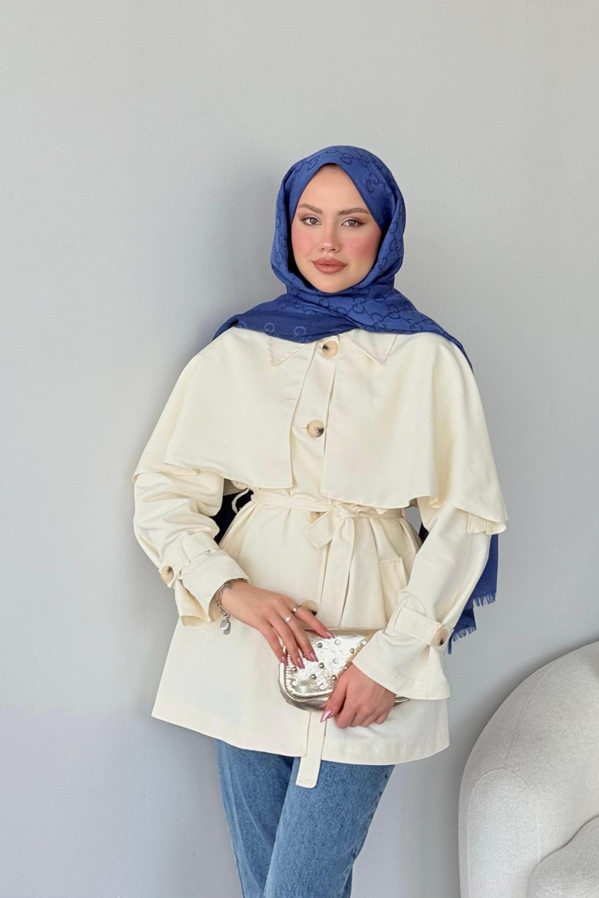 Sisu Pelerin Detaylı Ceket Bej, Fiyatları Haza Moda | Tesettür Giyim | Sisu Pelerin Detaylı Ceket Bej