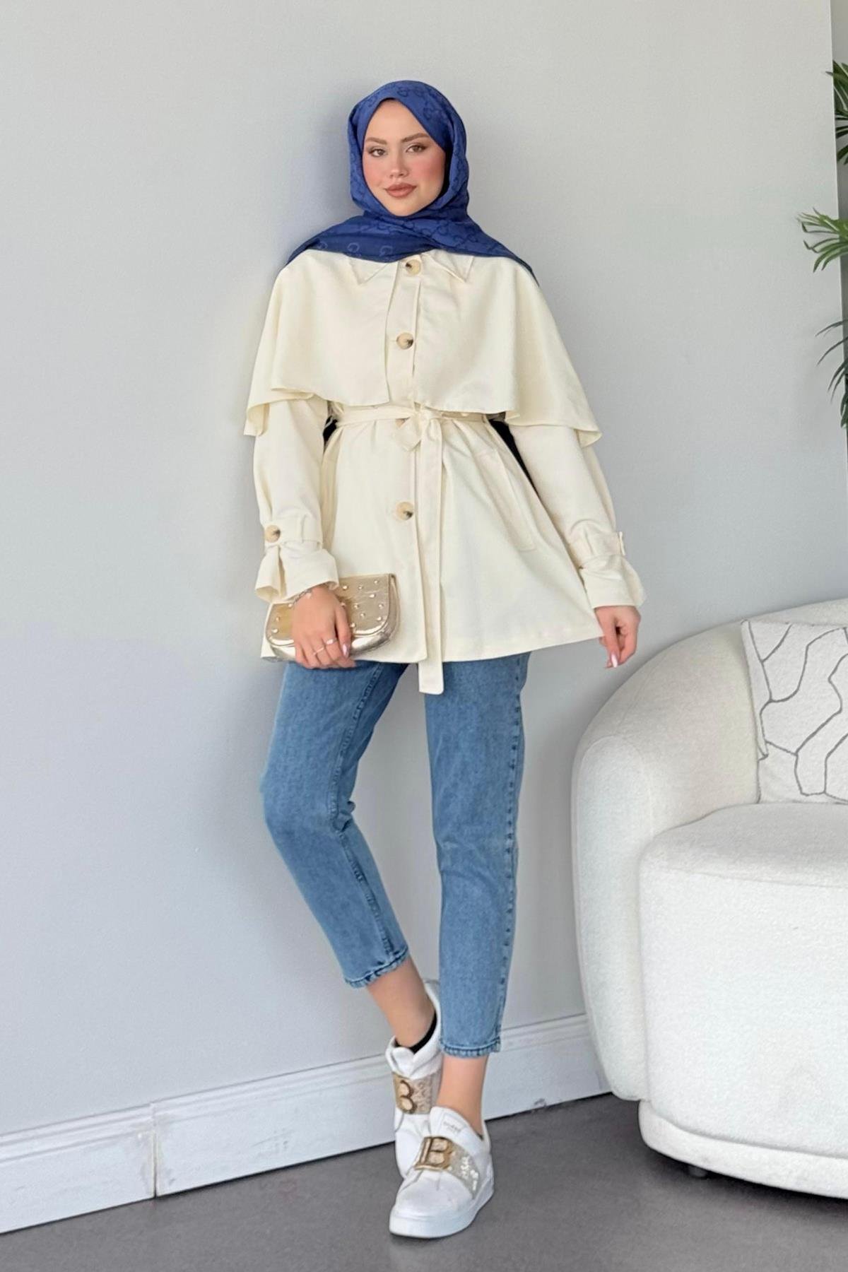 Sisu Pelerin Detaylı Ceket Bej, Fiyatları Haza Moda | Tesettür Giyim | Sisu Pelerin Detaylı Ceket Bej