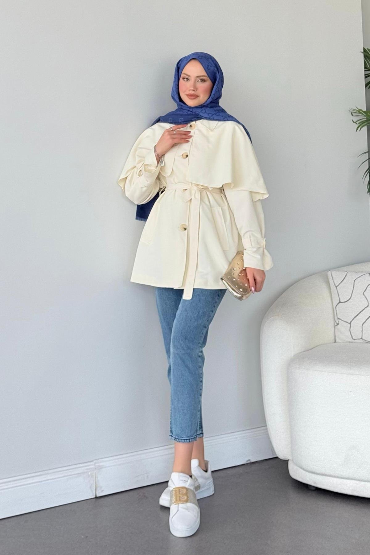 Sisu Pelerin Detaylı Ceket Bej, Fiyatları Haza Moda | Tesettür Giyim | Sisu Pelerin Detaylı Ceket Bej